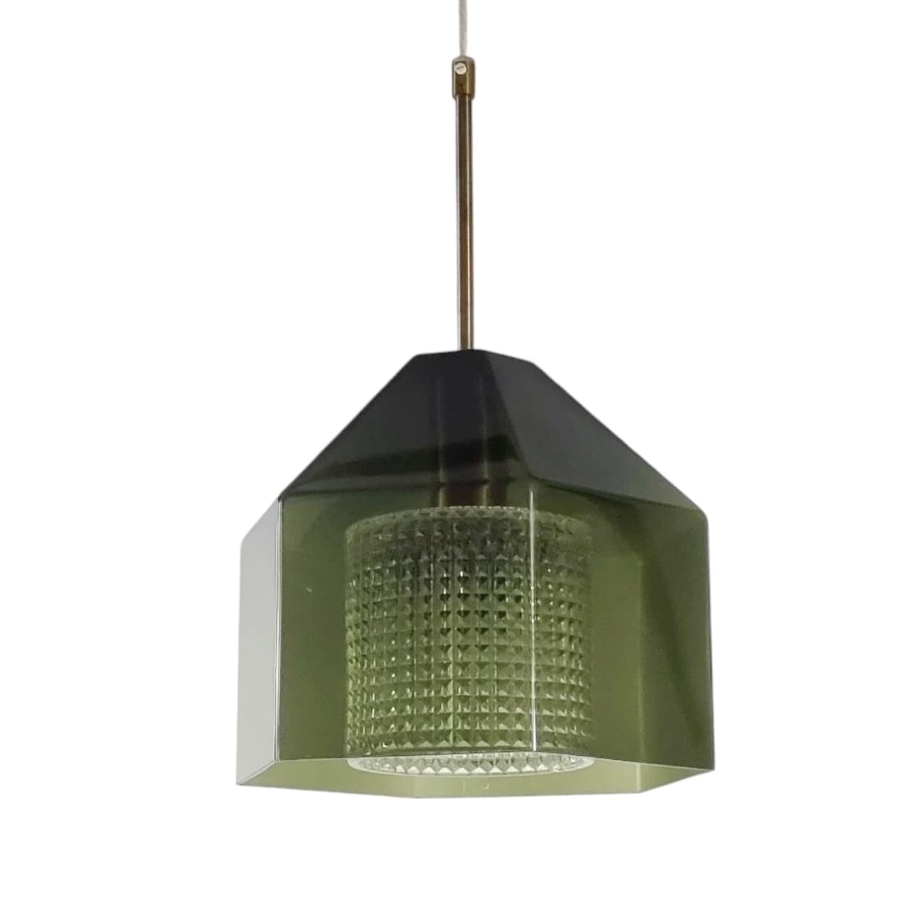Lampa sufitowa, szkło zielone, mosiądz złoty, proj. C. Fagerlund, Orrefors, Szwecja, lata 60.