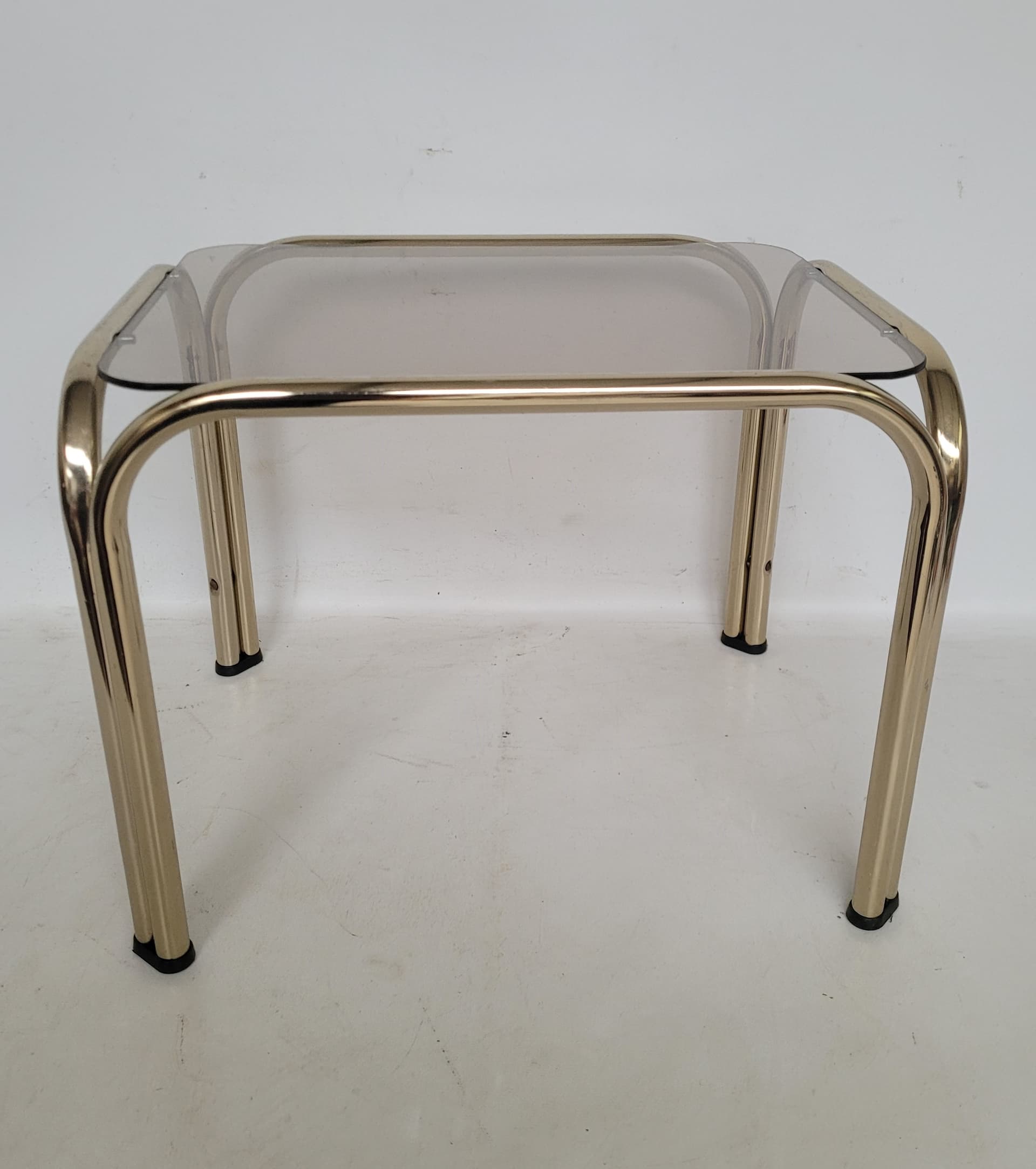 Side Table Bauhaus, 34x44 cm, polished gold steel, smoked grey glass, 1970s. - 378202