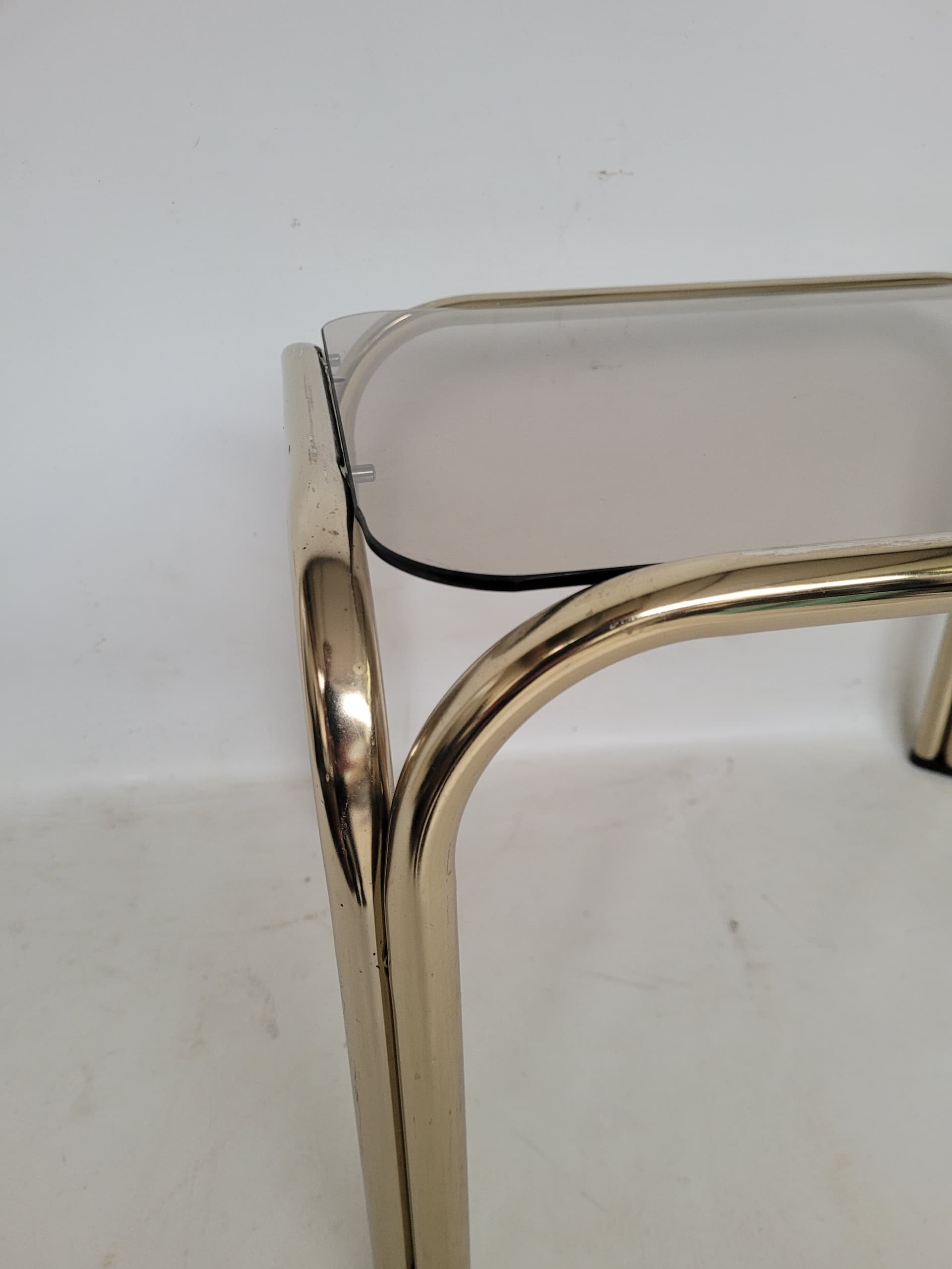 Side Table Bauhaus, 34x44 cm, polished gold steel, smoked grey glass, 1970s. - 378203