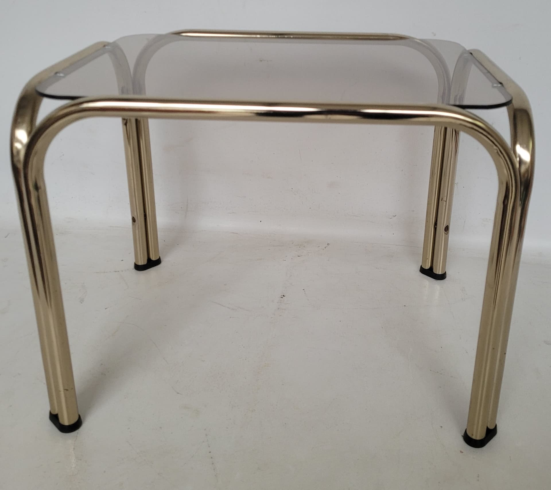 Side Table Bauhaus, 34x44 cm, polished gold steel, smoked grey glass, 1970s. - 378200