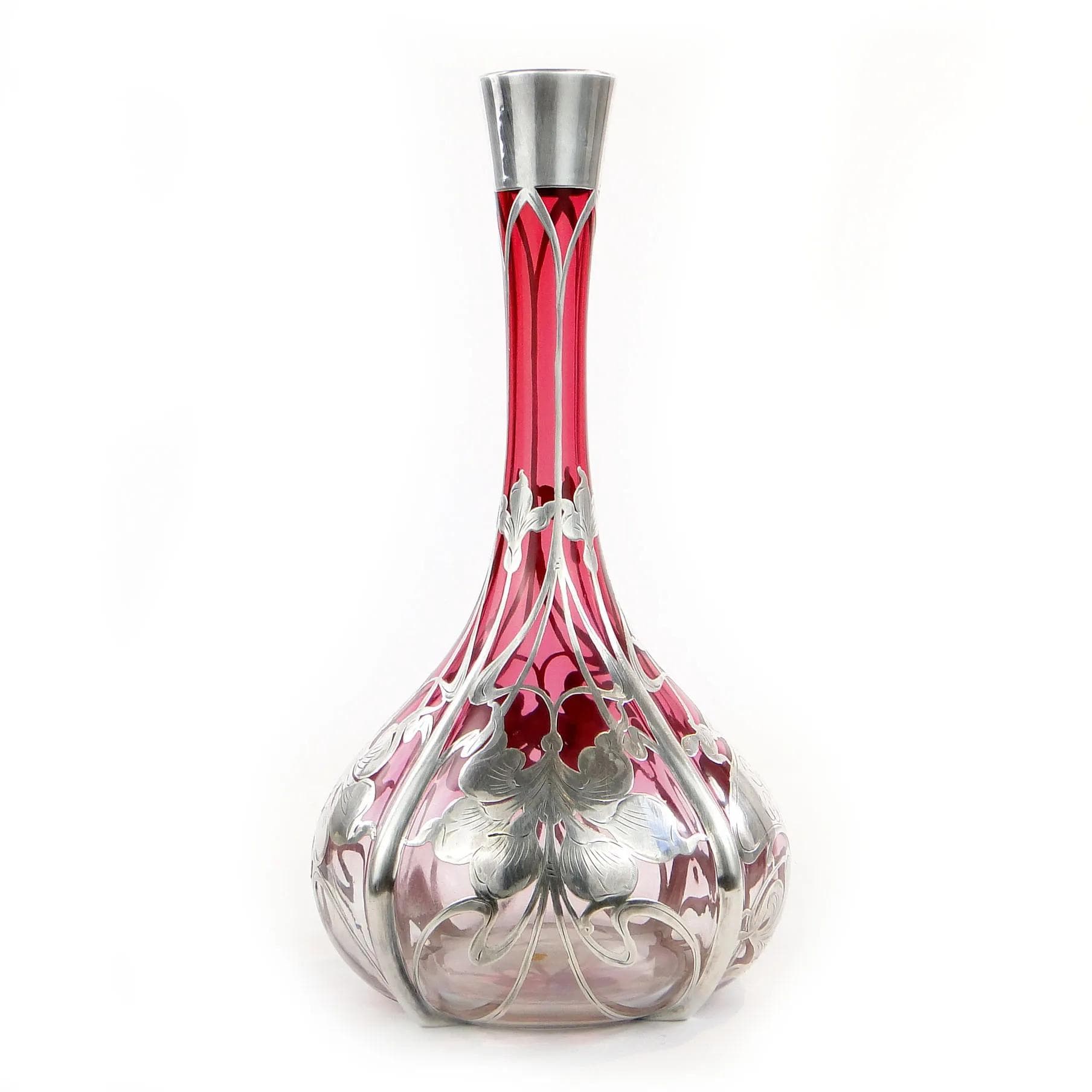 Wazon secesyjny, czerwień rubinowa, szkło, srebro, Novosad & syn, Czechy, początek XX w. - 27581