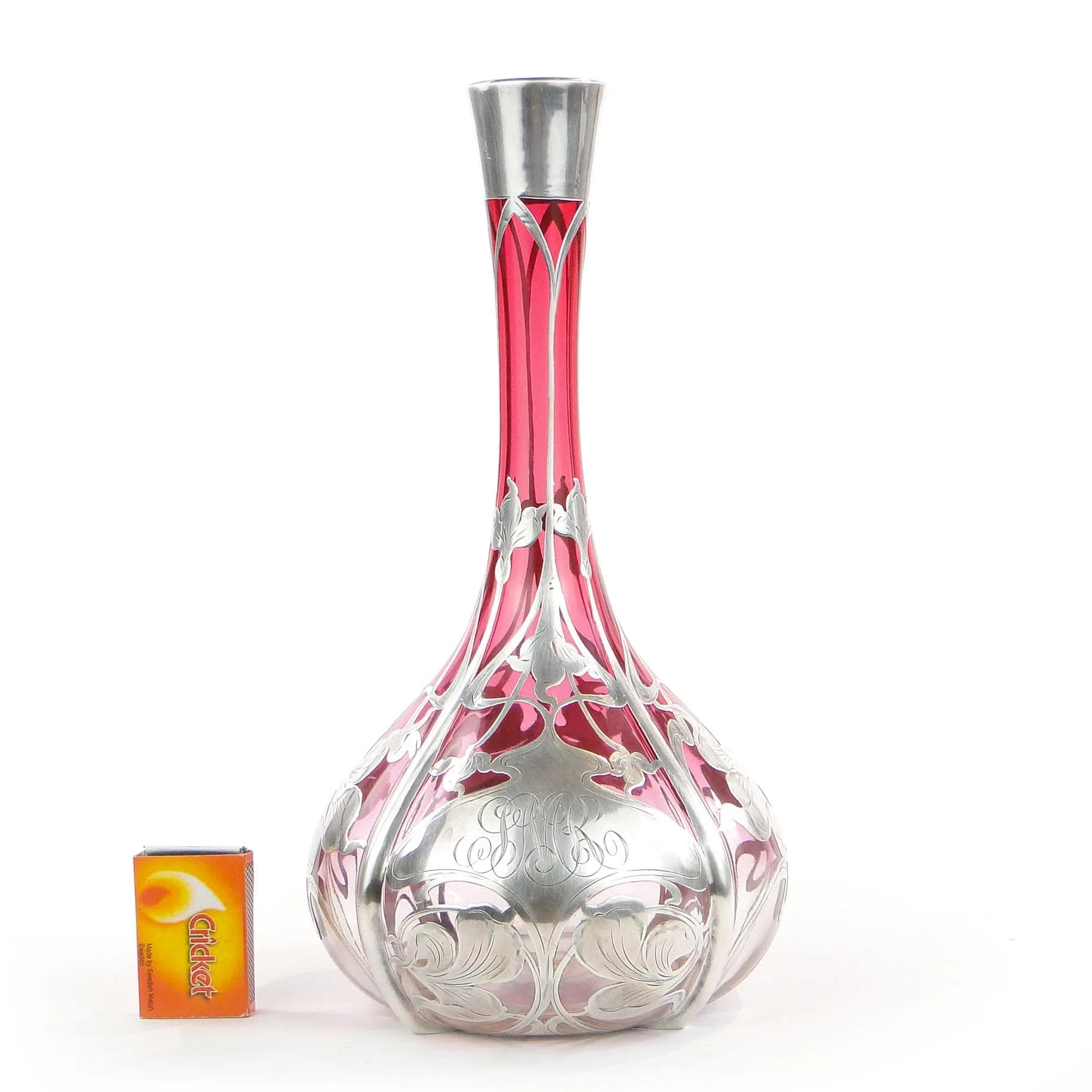 Wazon secesyjny, czerwień rubinowa, szkło, srebro, Novosad & syn, Czechy, początek XX w. - 27575