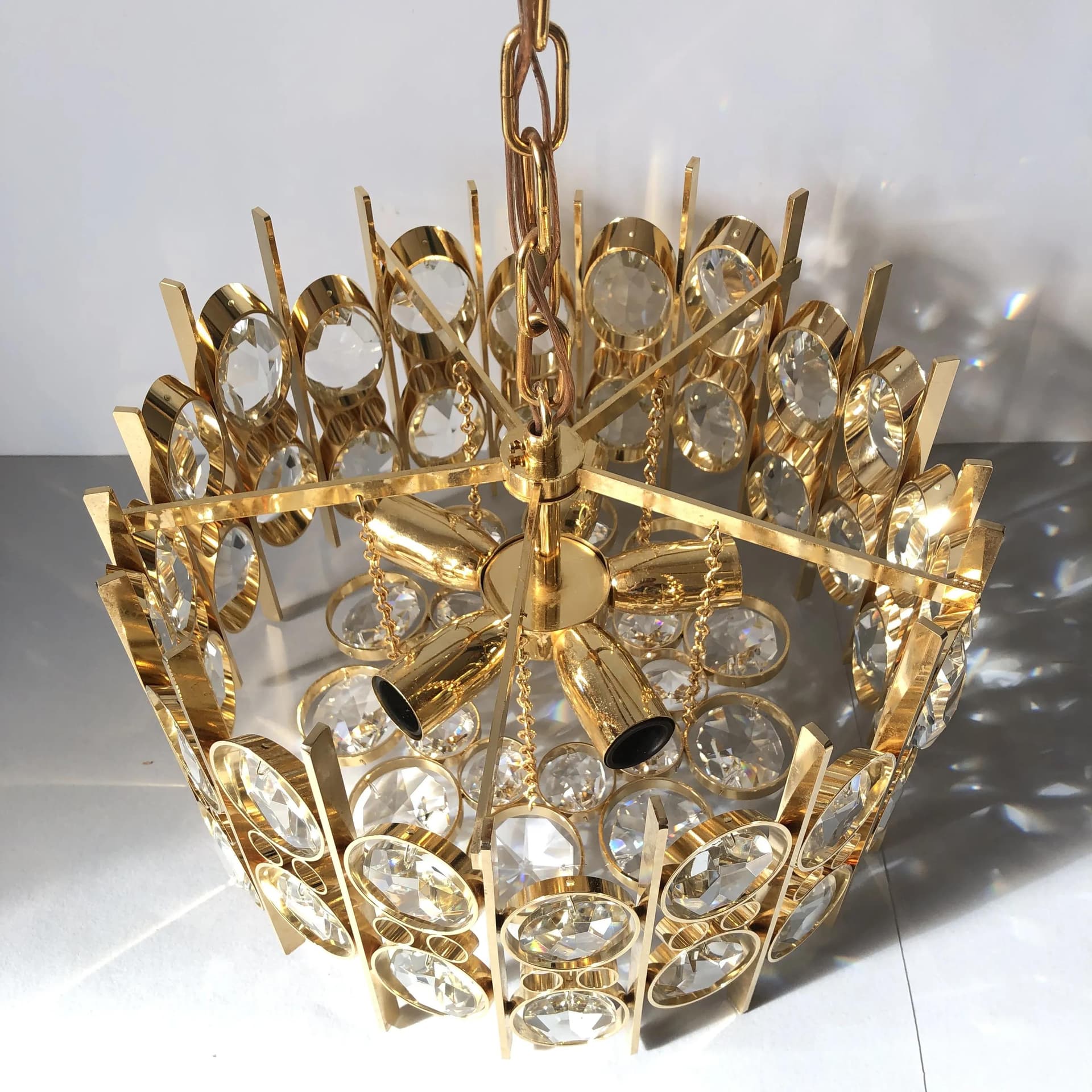 Ceiling lamp, Palwa, gilded brass, crystal, Germany, 1970s - 27551