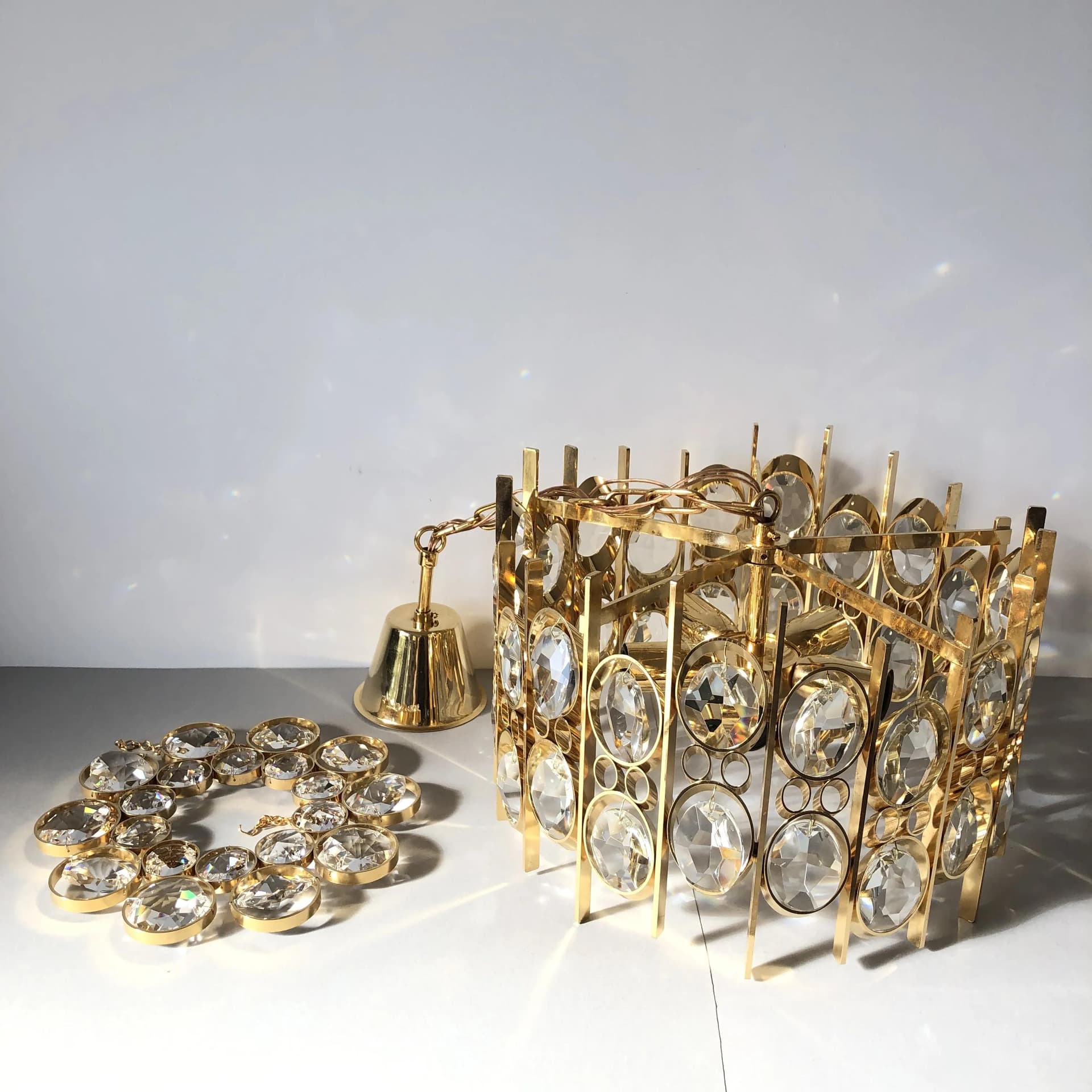 Ceiling lamp, Palwa, gilded brass, crystal, Germany, 1970s