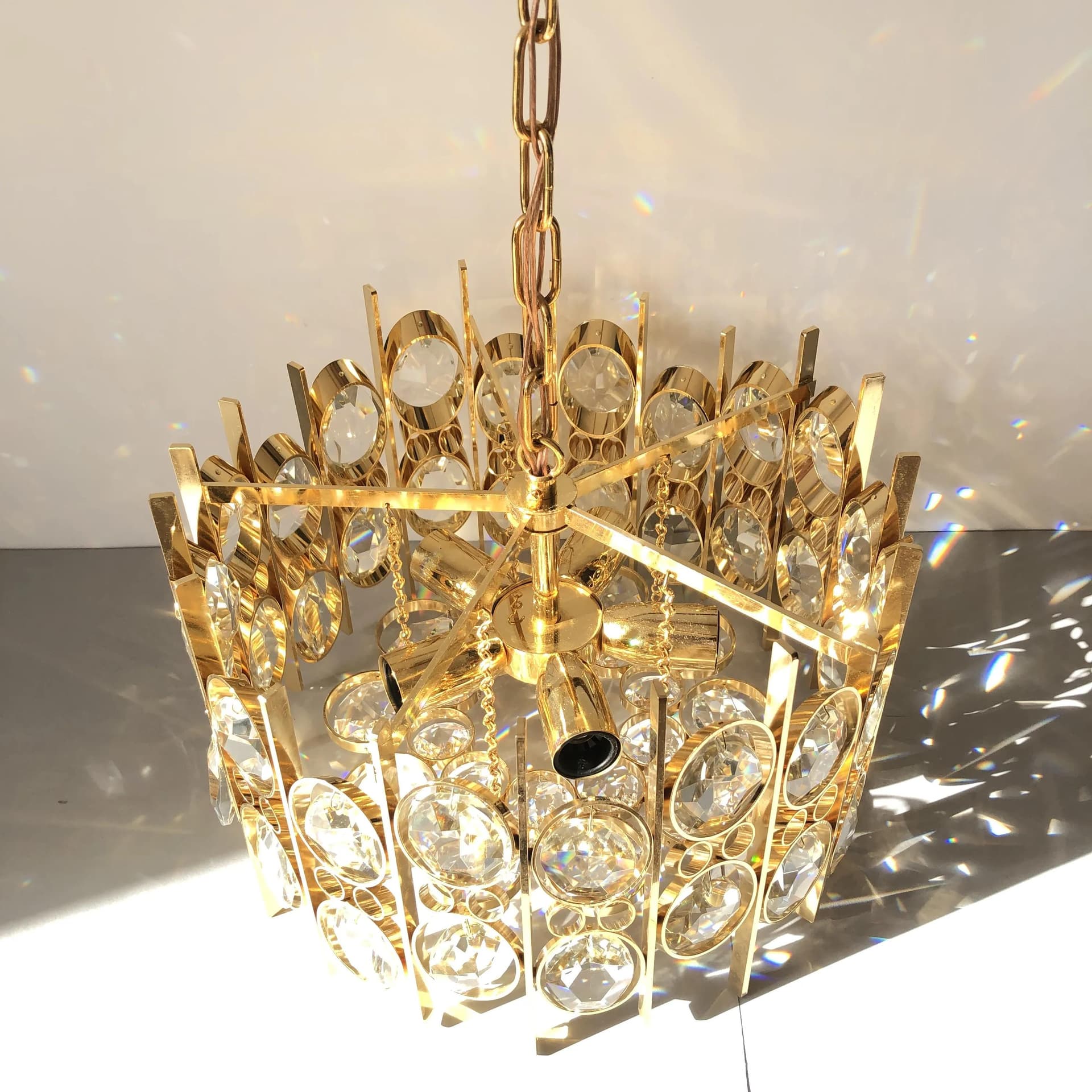 Ceiling lamp, Palwa, gilded brass, crystal, Germany, 1970s - 27558