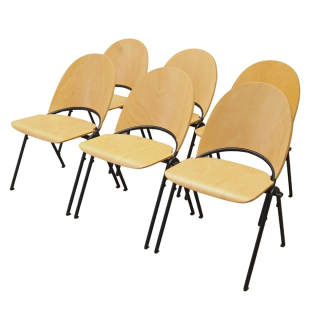 Komplet sześciu krzeseł, brązowy fornir, metal czarny, Dania, lata 70. - WYMIARY