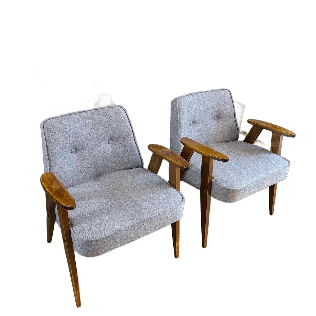 Pair of armchairs, model 366, grey upholstery, brown beech, by J. Chierowski, Dolnośląska Fabryka Mebli w Świebodzicach, Poland, 1960s.