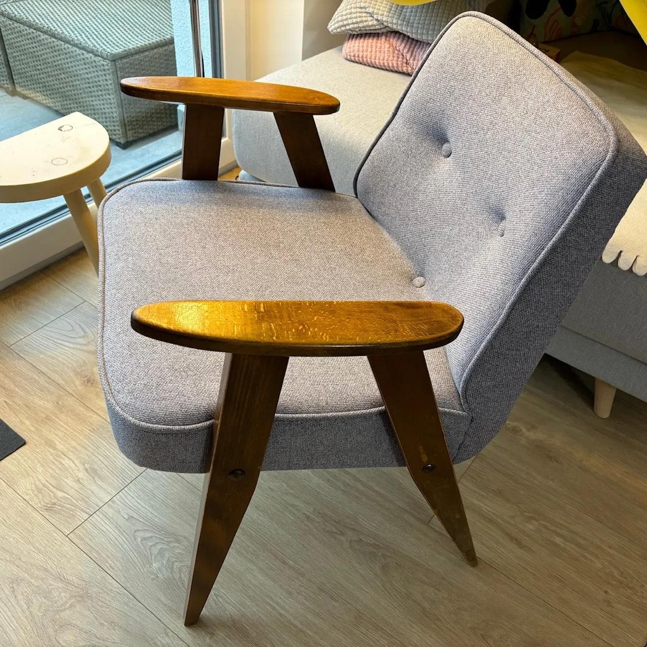 Pair of armchairs, type 366, grey upholstery, brown beech, by J. Chierowski, Dolnośląska Fabryka Mebli w Świebodzicach, Poland, 1960s.