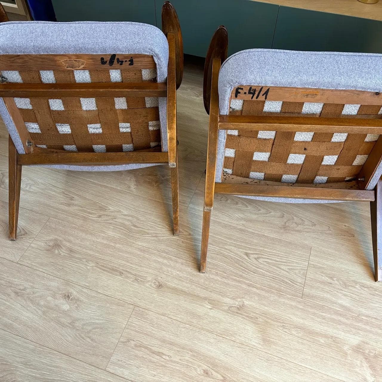 Pair of armchairs, type 366, grey upholstery, brown beech, by J. Chierowski, Dolnośląska Fabryka Mebli w Świebodzicach, Poland, 1960s. - 27730