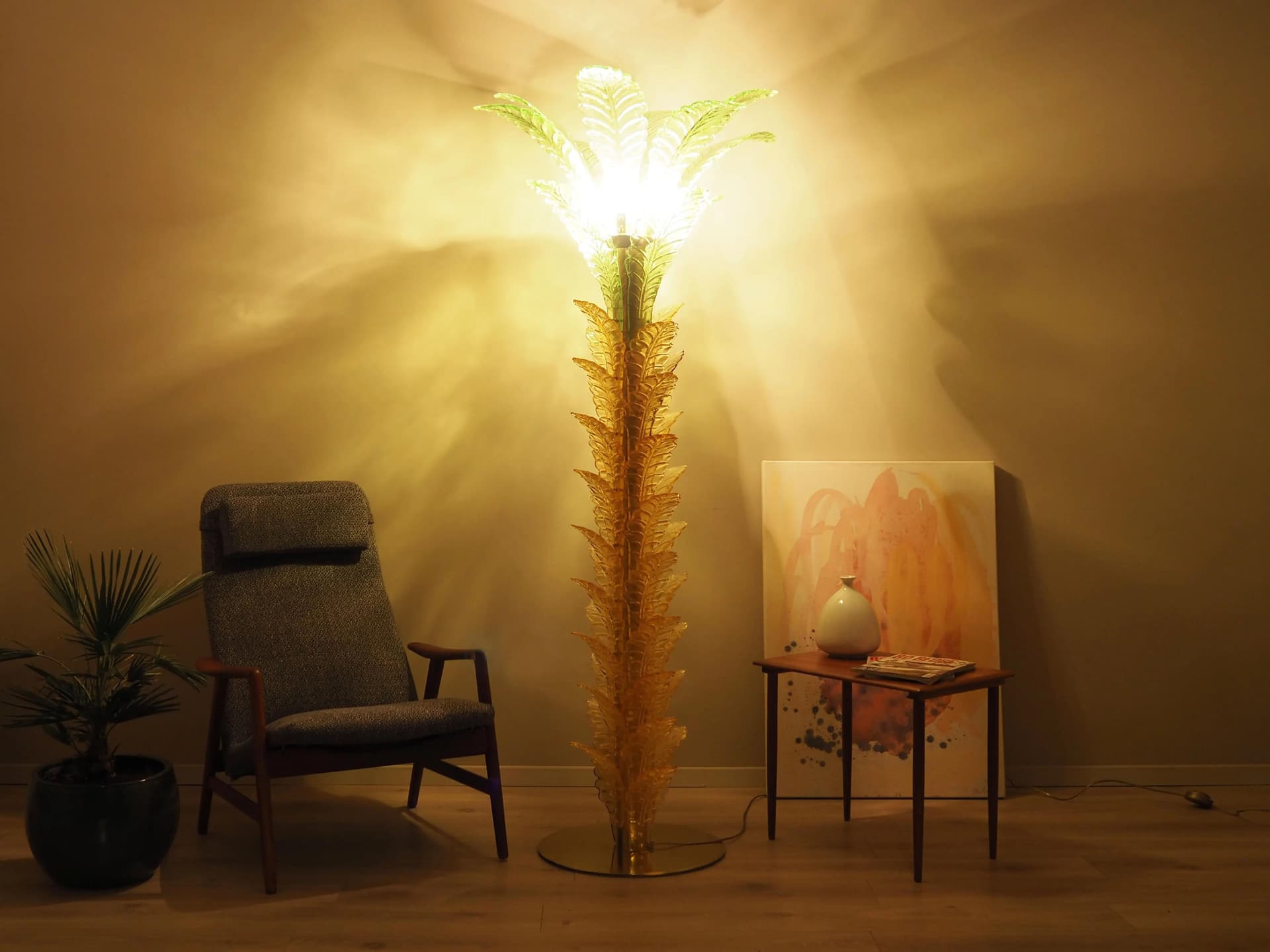Floor lamp Palma, Murano glass yellow green, brass, Italy, 1970s. - 27999