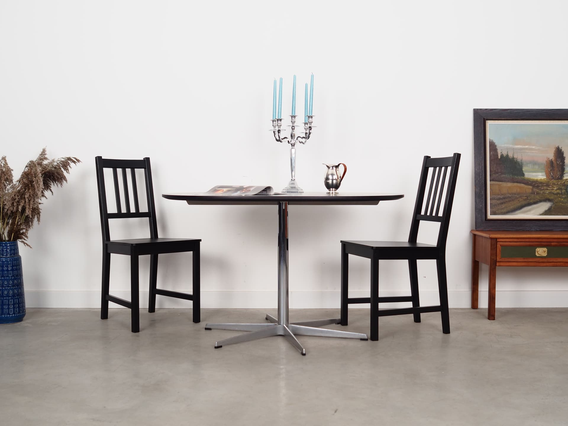 Round table, black ash, grey metal, by A. Jacobsen, Fritz Hansen, Denmark, 1960s. - 66020