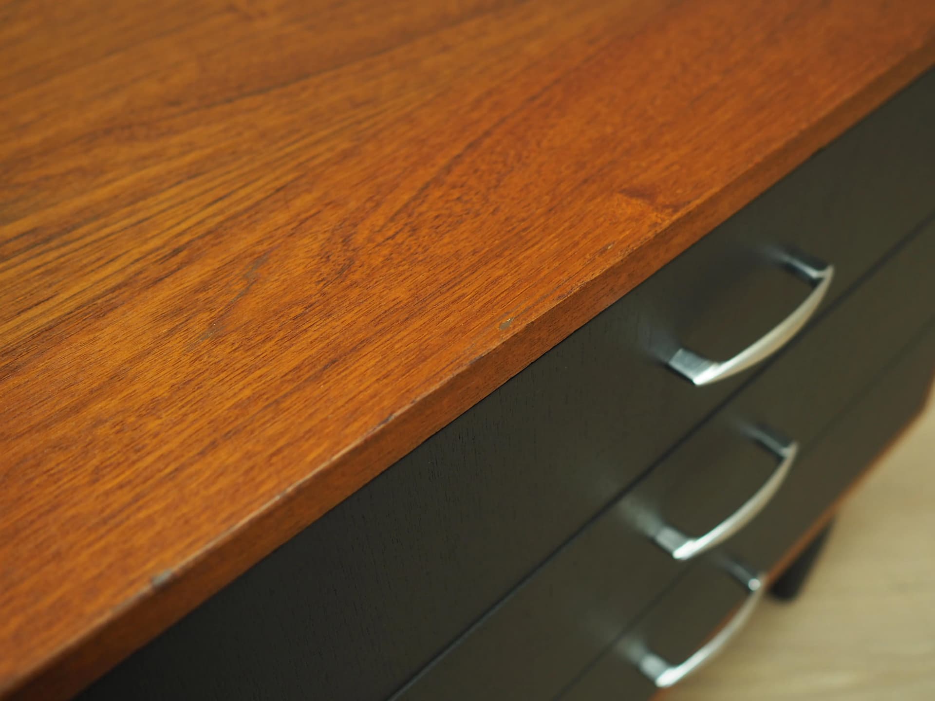 Chest of drawers, orange teak, black wood, Denmark, 1970s - 27971