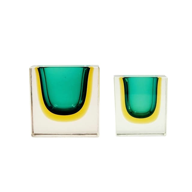 Pair of dishes Sommerso, Murano glass green yellow clear, by F. Poli, Seguso Vetri D'Arte, Italy, 1970s. - DIMENSION