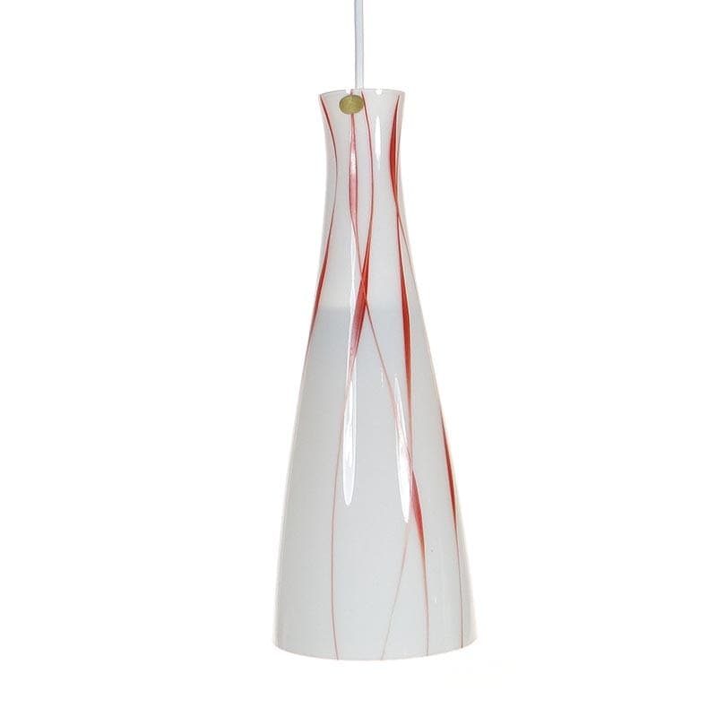 Lampa wisząca Brusel, szkło mlecznobiałe czerwony, mosiądz złoty, proj. J. A. Junek, Zukov, Czechosłowacja, lata 60.