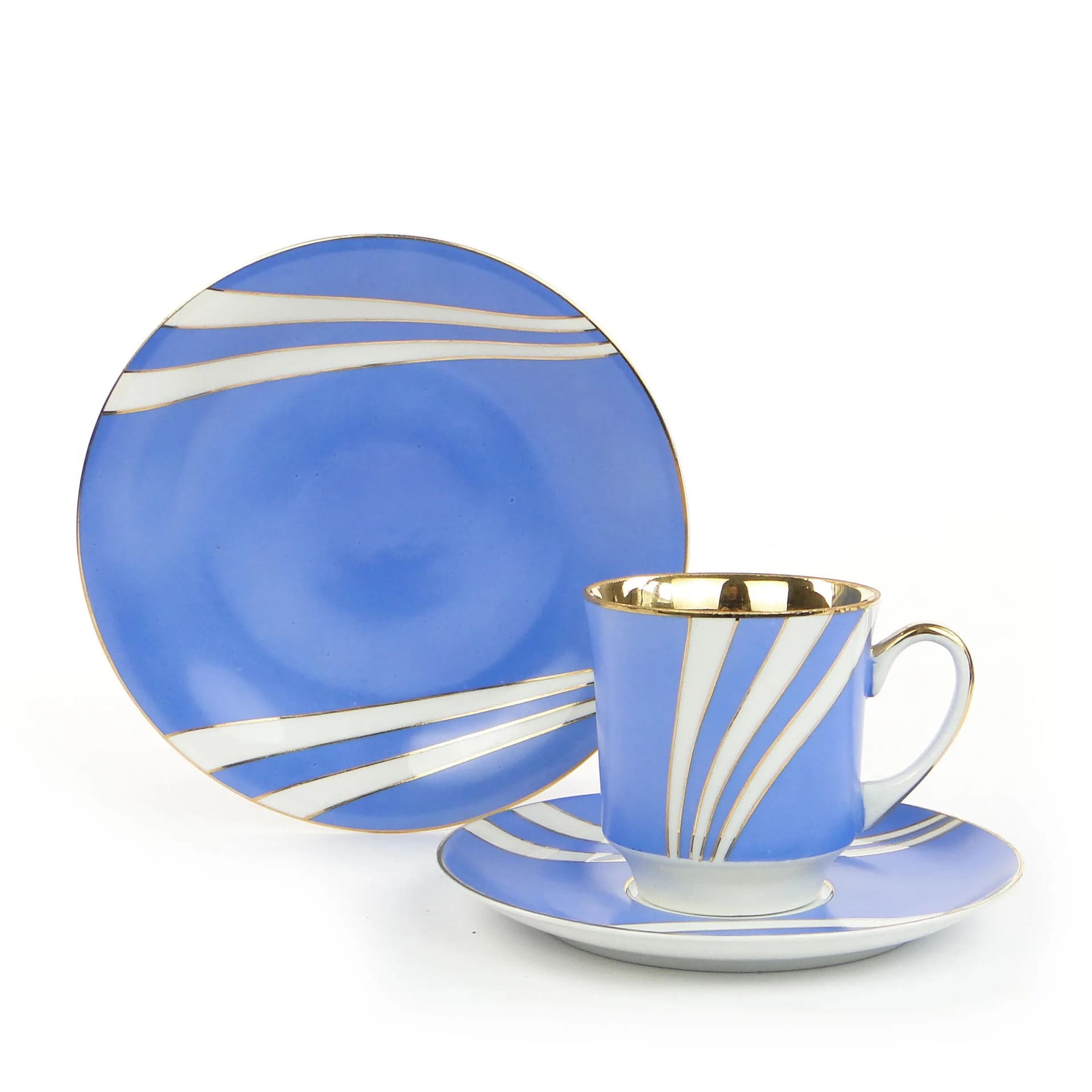 Breakfast set June, blue white gold porcelain, by W. Potacki, Ćmielów, Poland, 1960s. - 382009