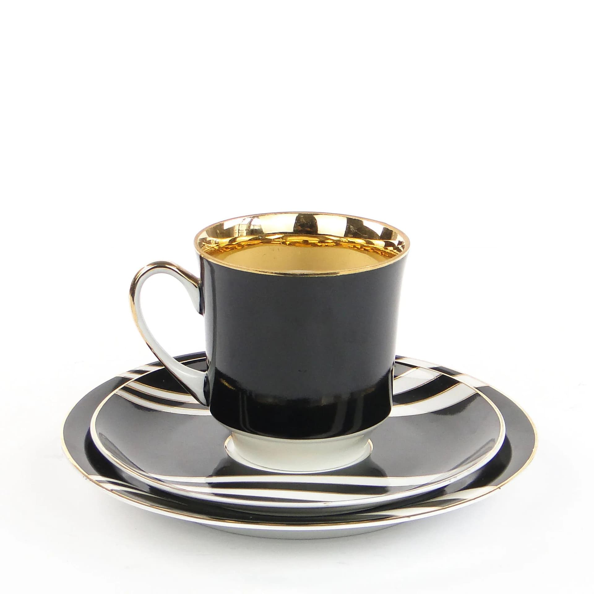 Breakfast set June, black white gold porcelain, by W. Potacki, Ćmielów, Poland, 1960s. - 382035