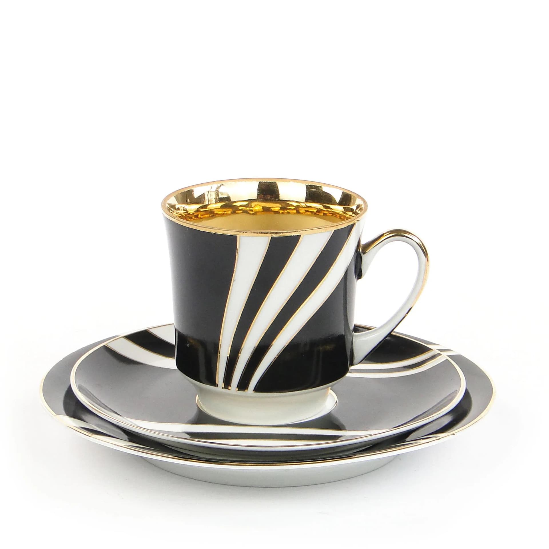 Breakfast set June, black white gold porcelain, by W. Potacki, Ćmielów, Poland, 1960s. - 382034