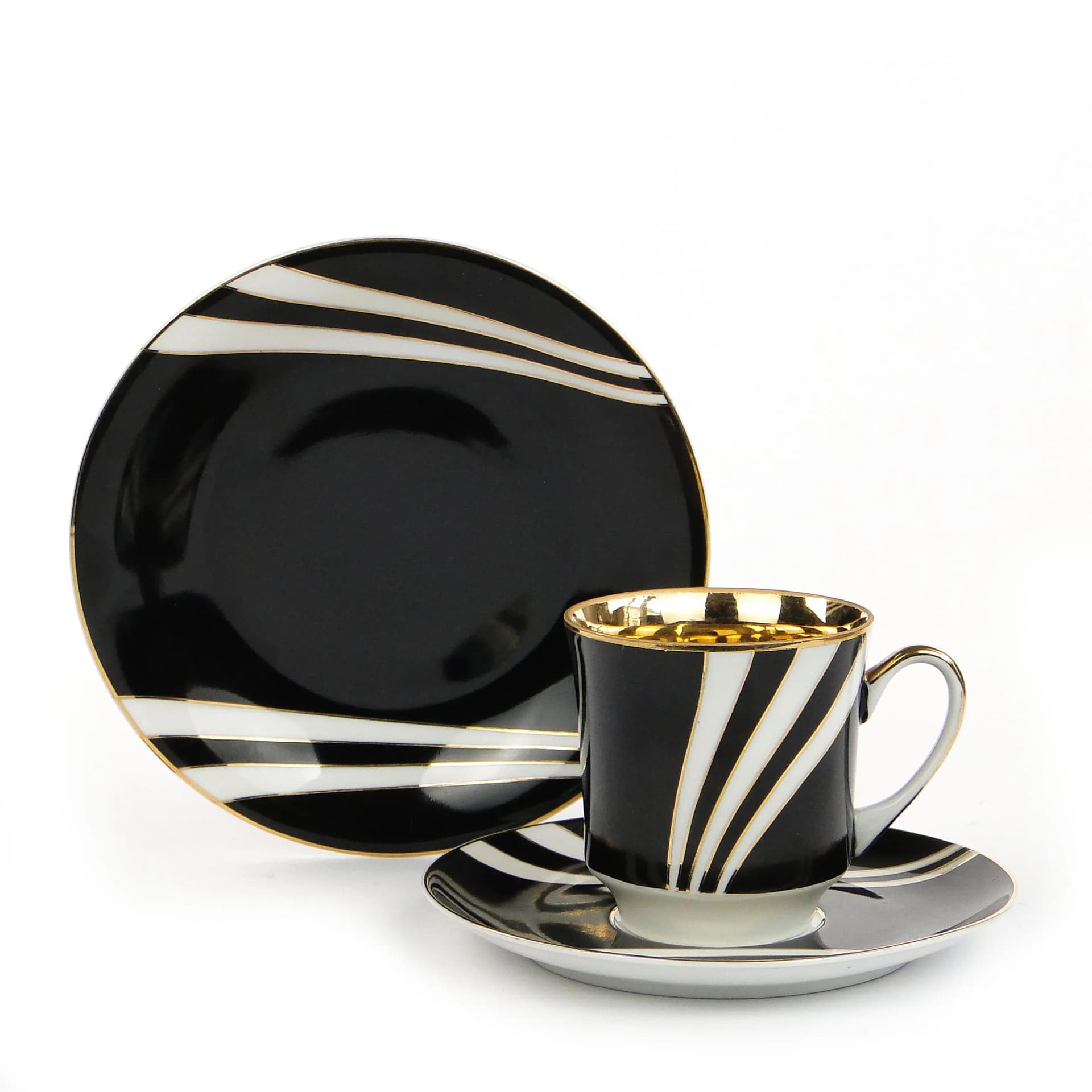 Breakfast set June, black white gold porcelain, by W. Potacki, Ćmielów, Poland, 1960s. - 382039