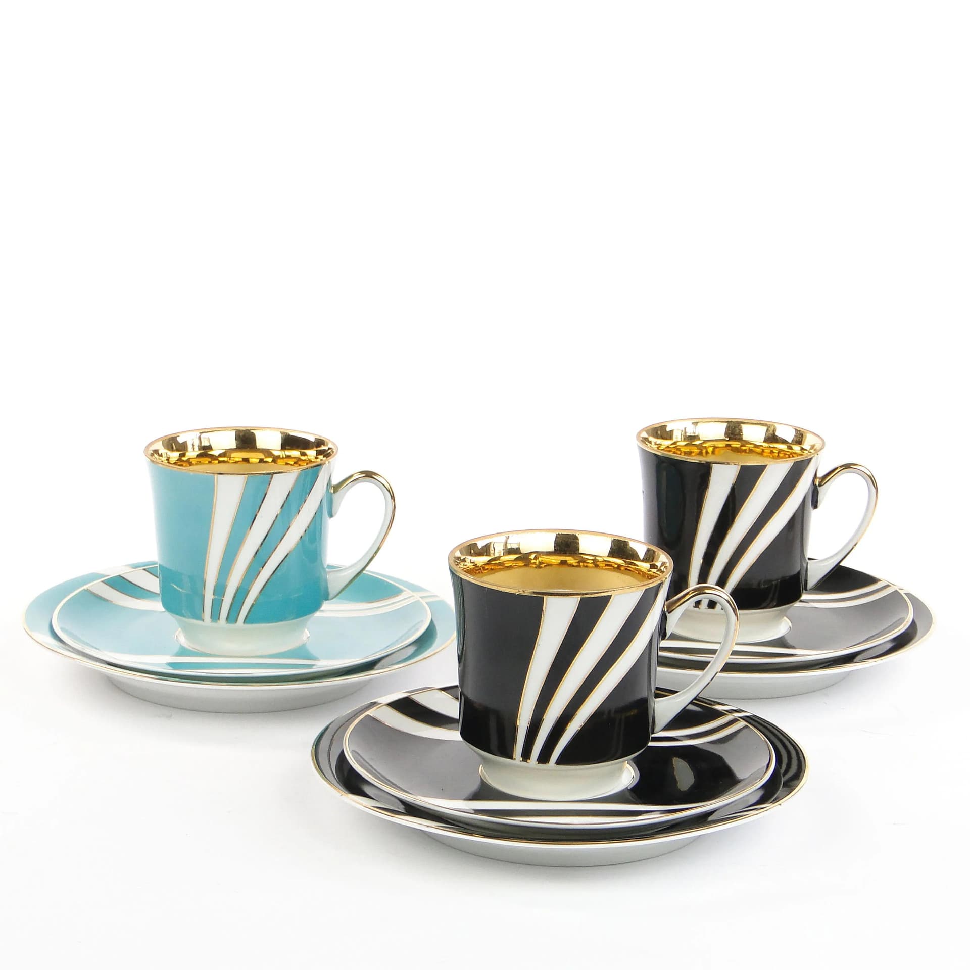 Breakfast set June, black white gold porcelain, by W. Potacki, Ćmielów, Poland, 1960s. - 382041