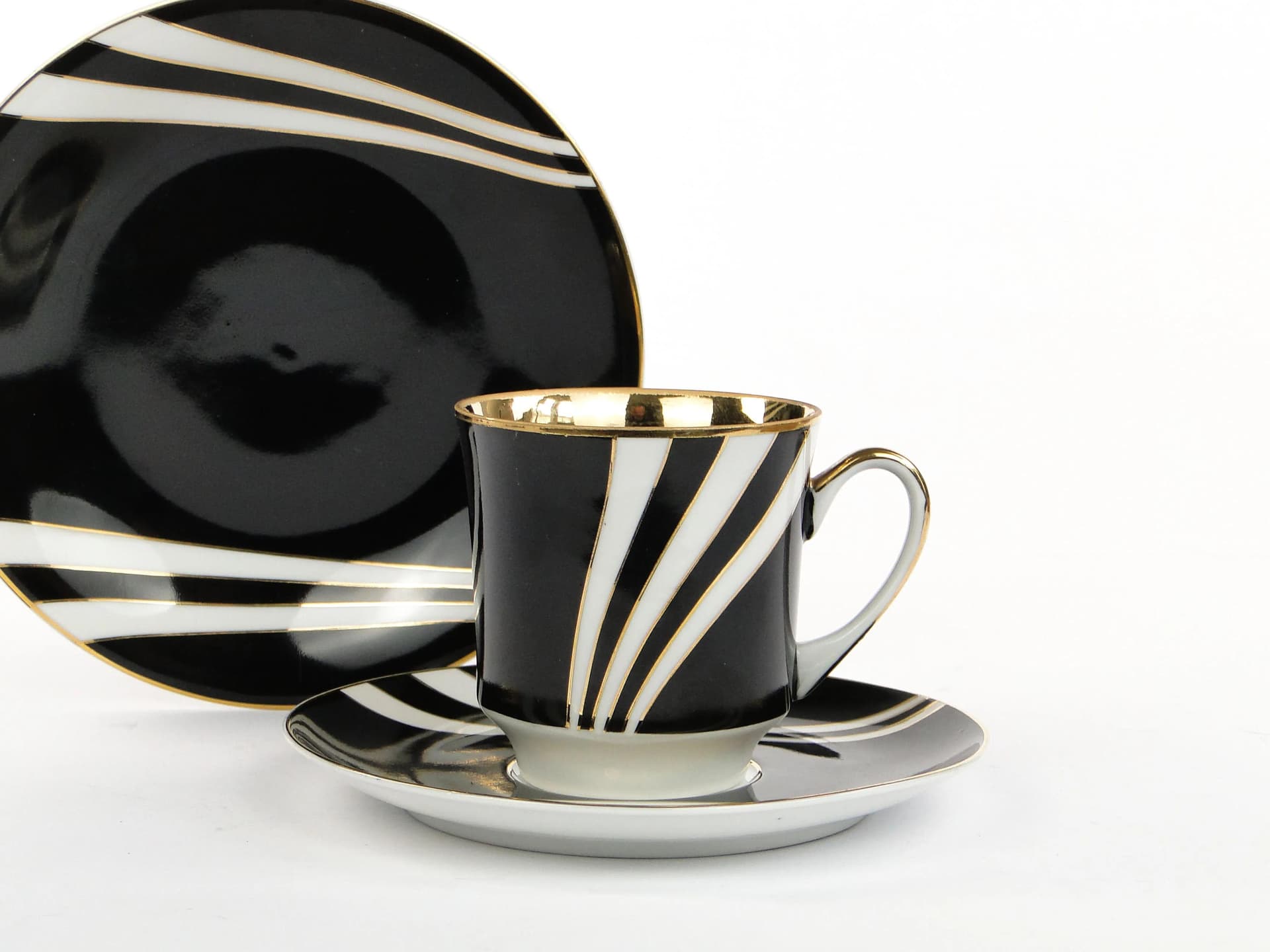 Breakfast set June, black white gold porcelain, by W. Potacki, Ćmielów, Poland, 1960s. - 382040