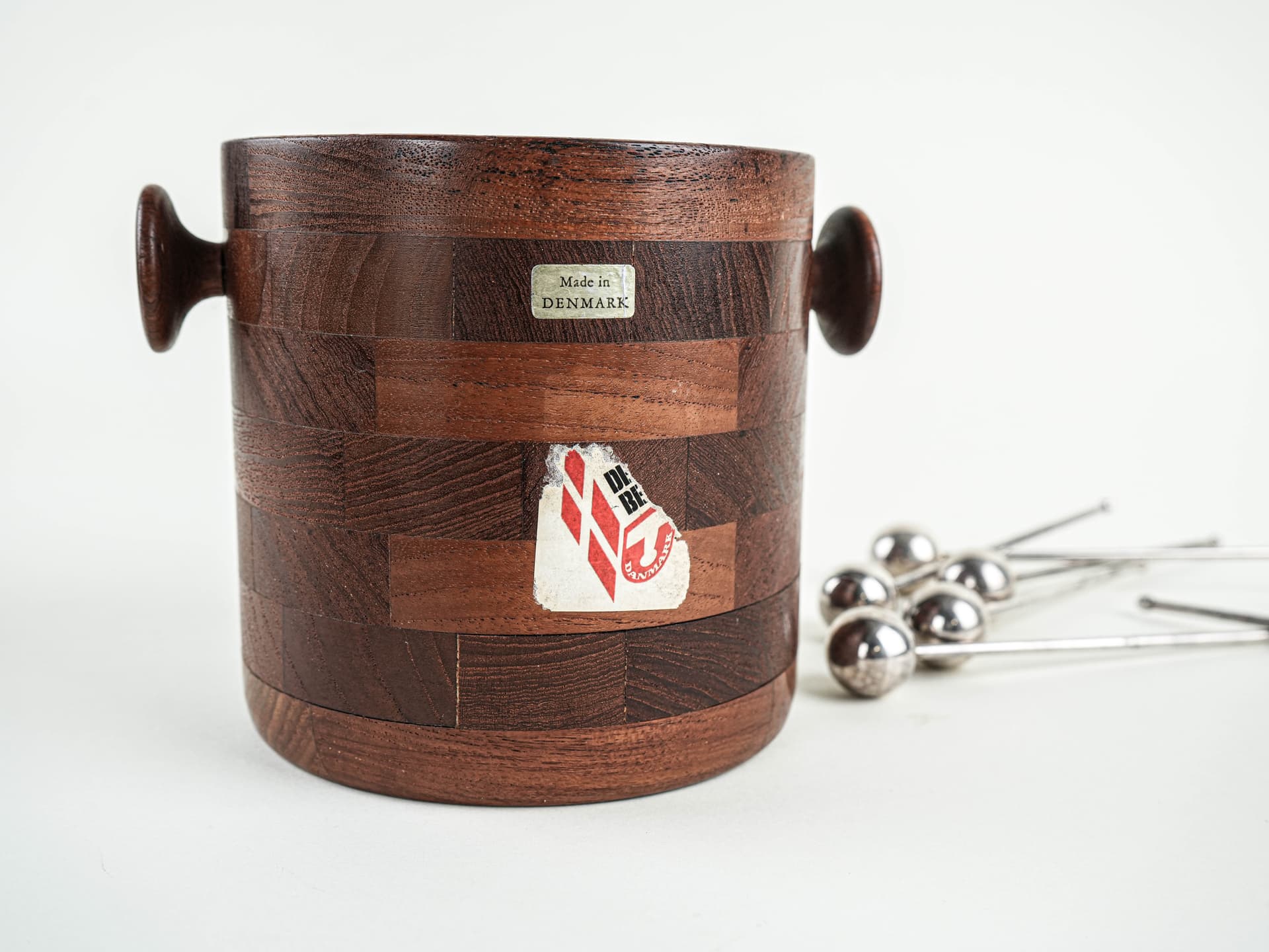 Ice bucket, brown teak, silver stainless steel, Denmark, 1970s. - 382222
