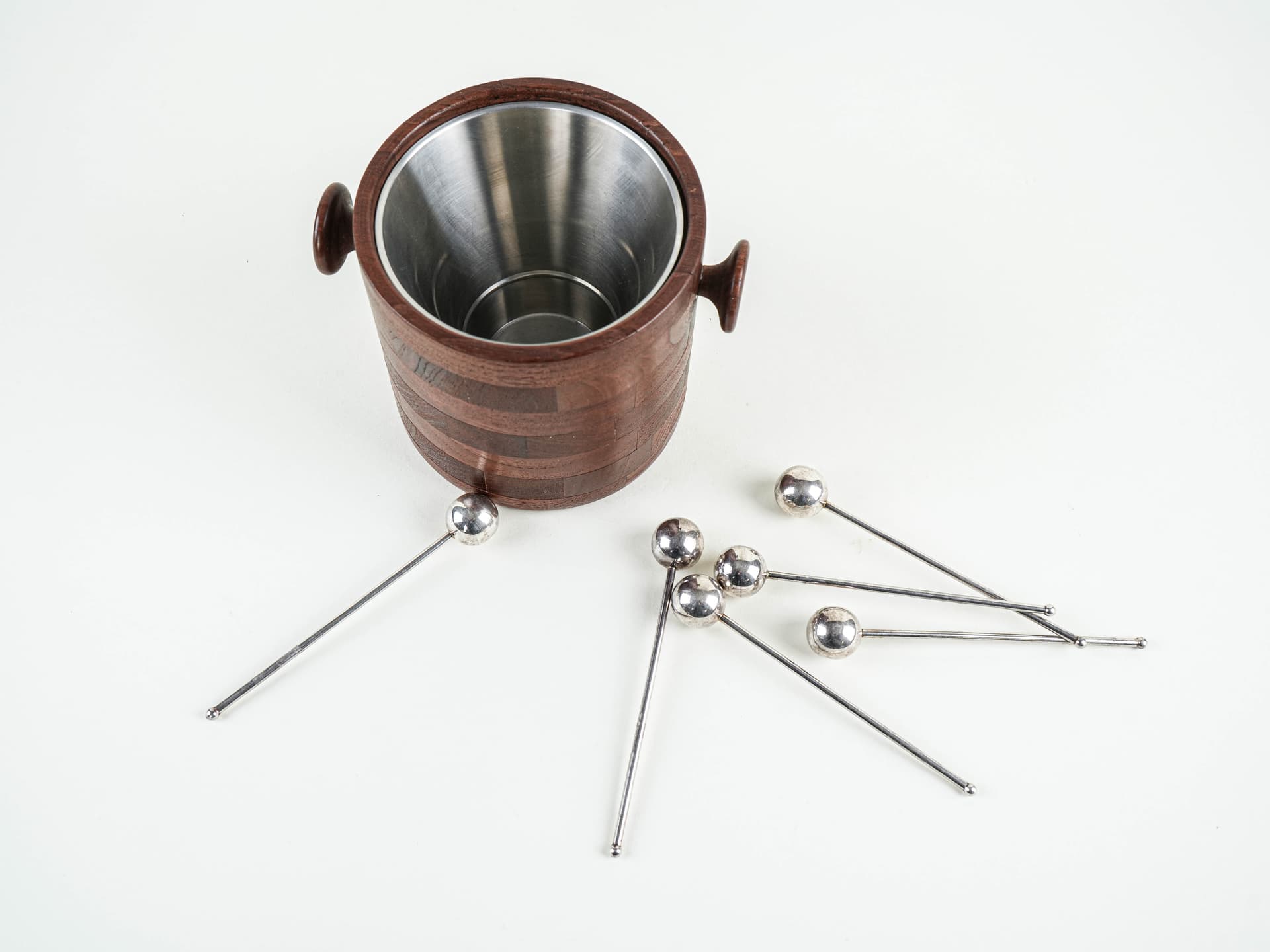 Ice bucket, brown teak, silver stainless steel, Denmark, 1970s. - 382220