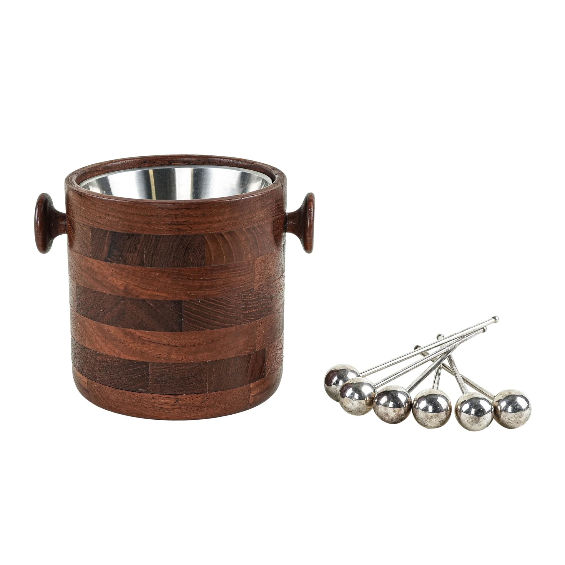 Ice bucket, brown teak, silver stainless steel, Denmark, 1970s.