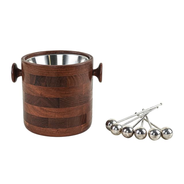 Ice bucket, brown teak, silver stainless steel, Denmark, 1970s. - DIMENSION