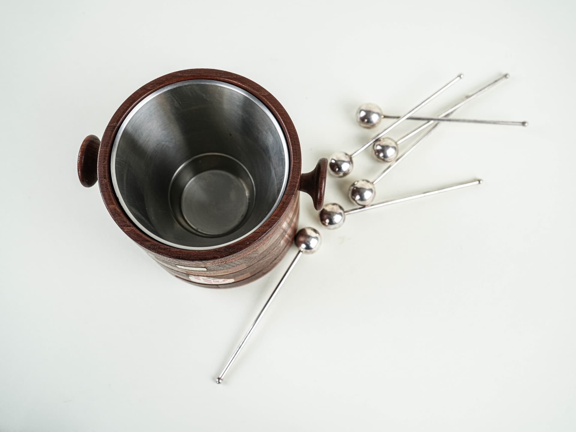Ice bucket, brown teak, silver stainless steel, Denmark, 1970s. - 382219