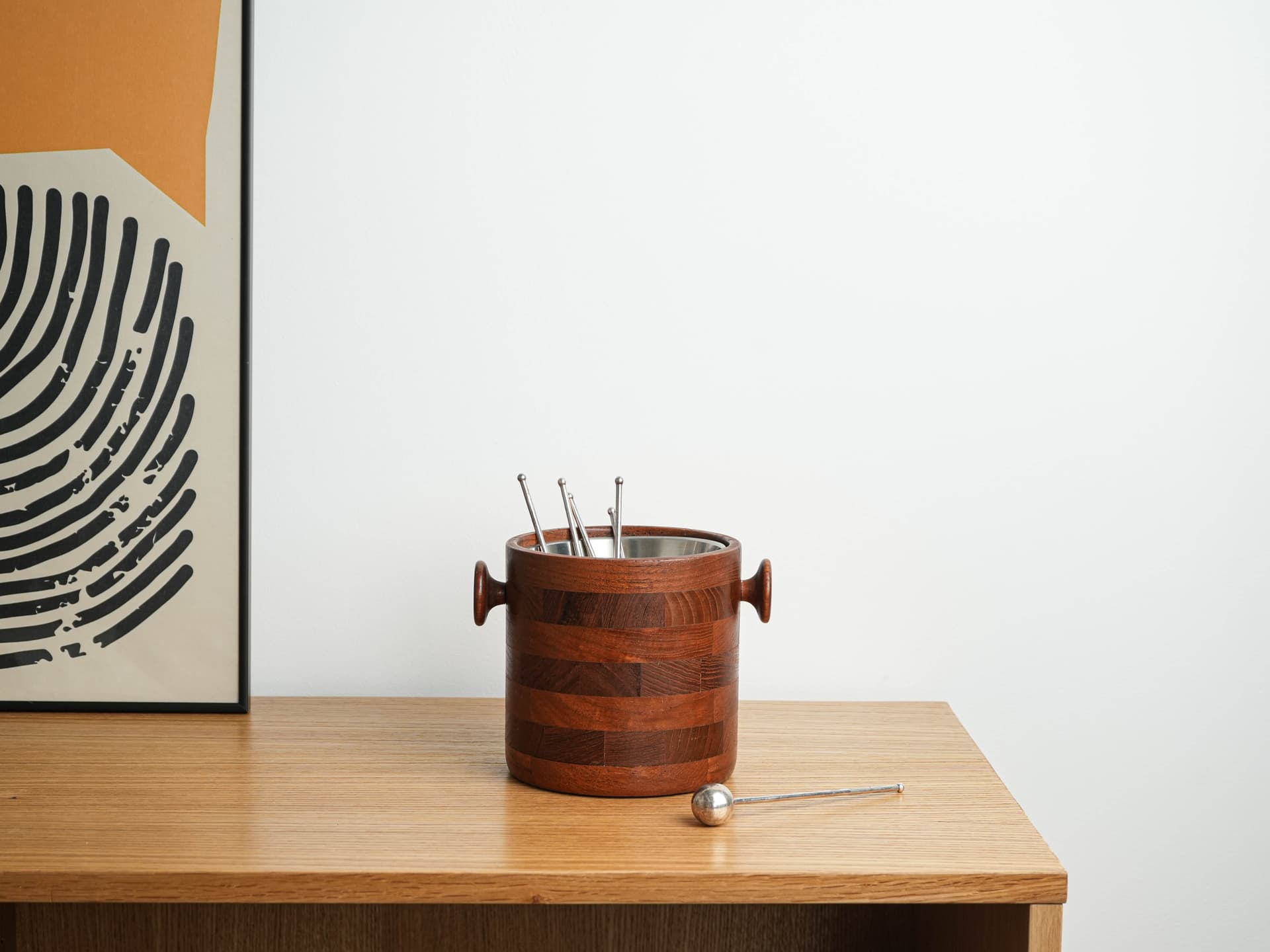 Ice bucket, brown teak, silver stainless steel, Denmark, 1970s. - 382221