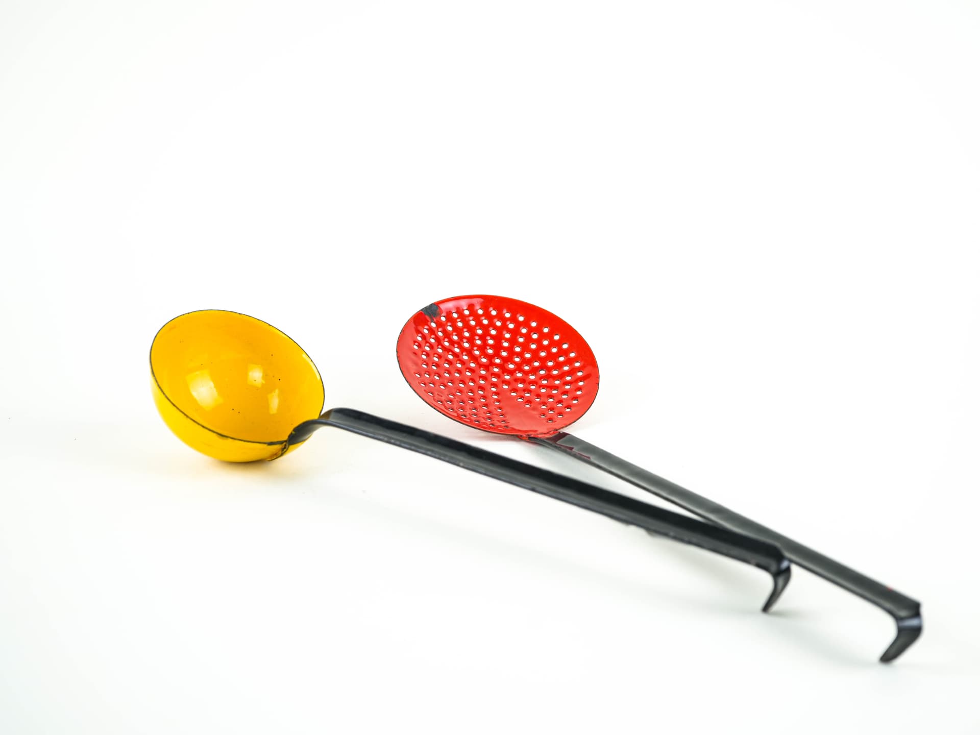 Set of kitchen utensils, red yellow enamel, black metal, Poland, 1970s. - 382241