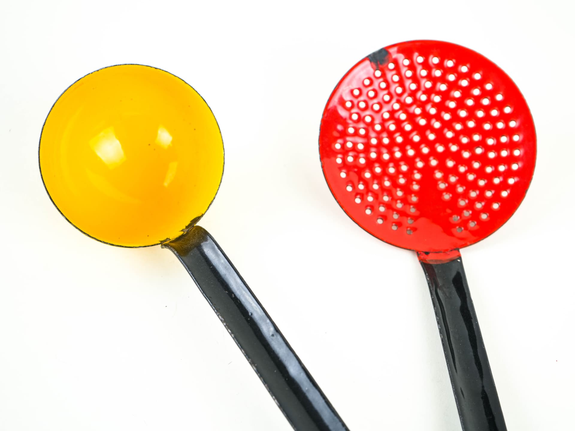 Set of kitchen utensils, red yellow enamel, black metal, Poland, 1970s. - 382245