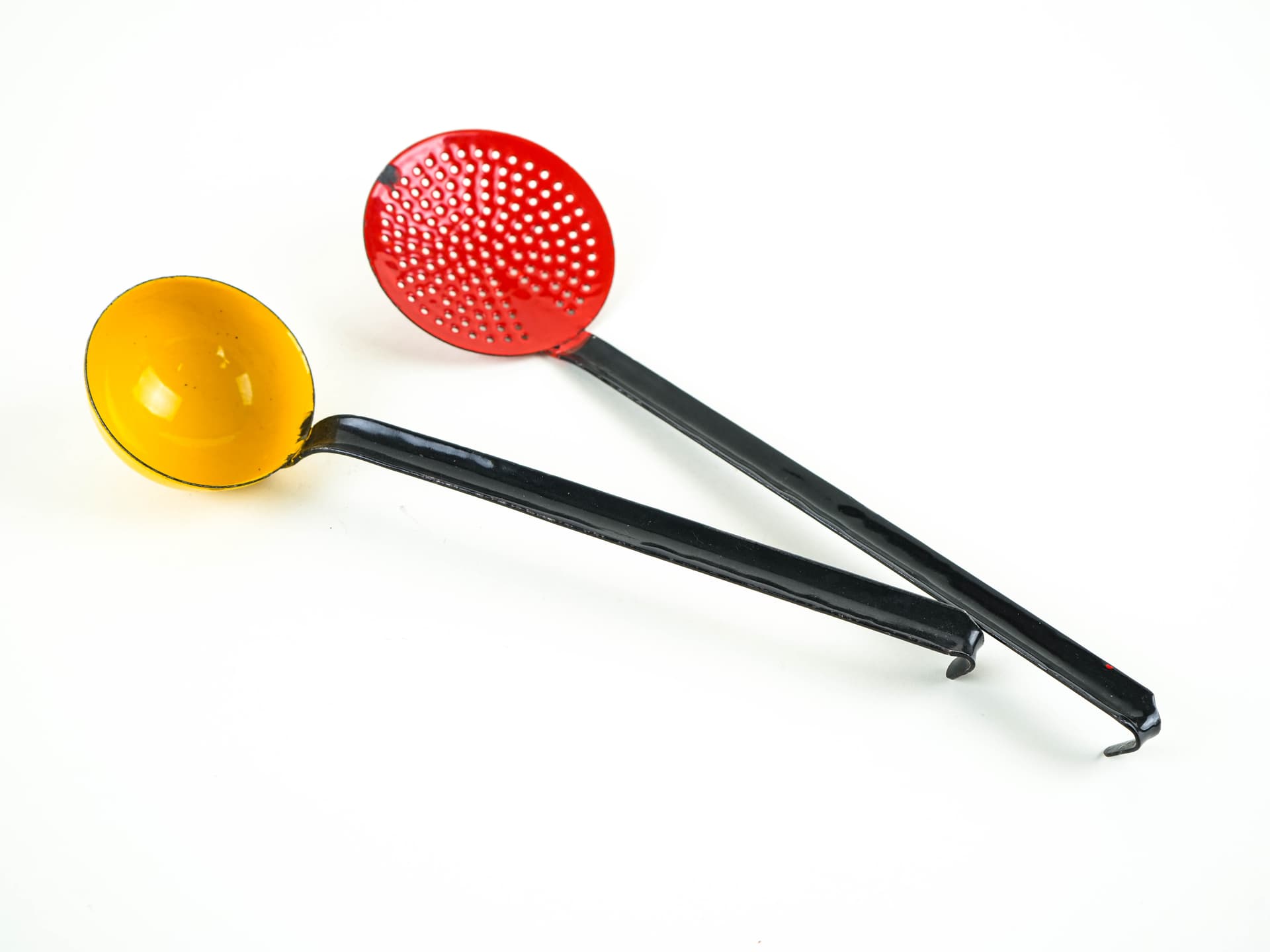 Set of kitchen utensils, red yellow enamel, black metal, Poland, 1970s. - 382244