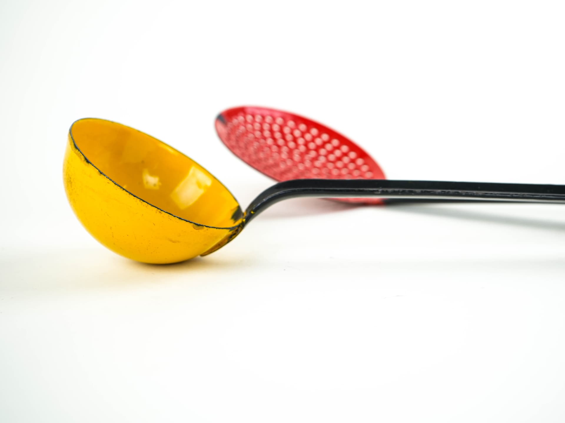 Set of kitchen utensils, red yellow enamel, black metal, Poland, 1970s. - 382243
