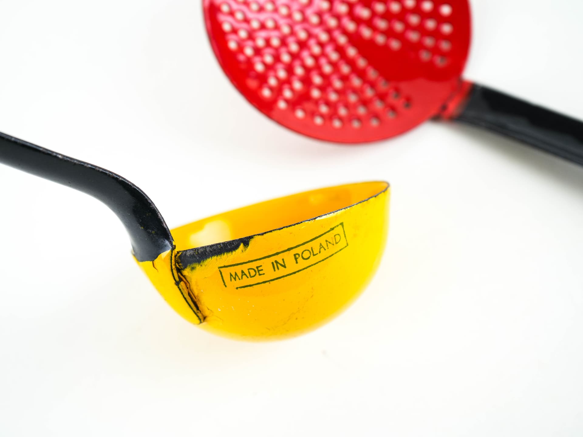 Set of kitchen utensils, red yellow enamel, black metal, Poland, 1970s. - 382247