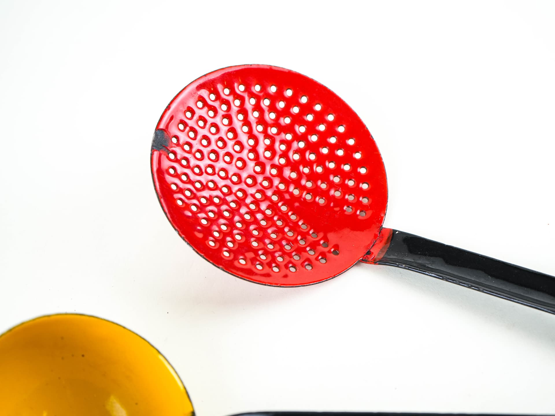 Set of kitchen utensils, red yellow enamel, black metal, Poland, 1970s. - 382246