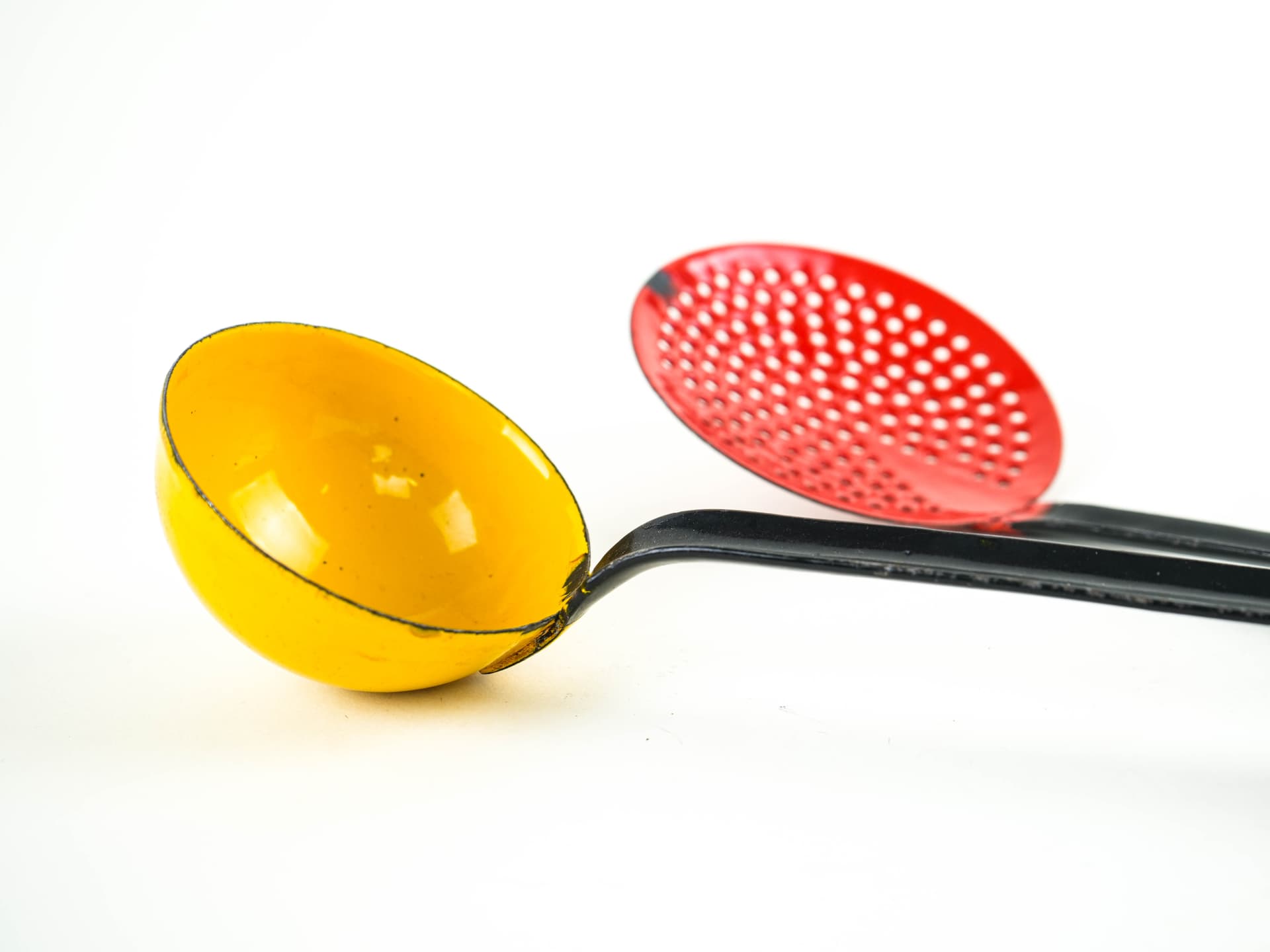 Set of kitchen utensils, red yellow enamel, black metal, Poland, 1970s. - 382242