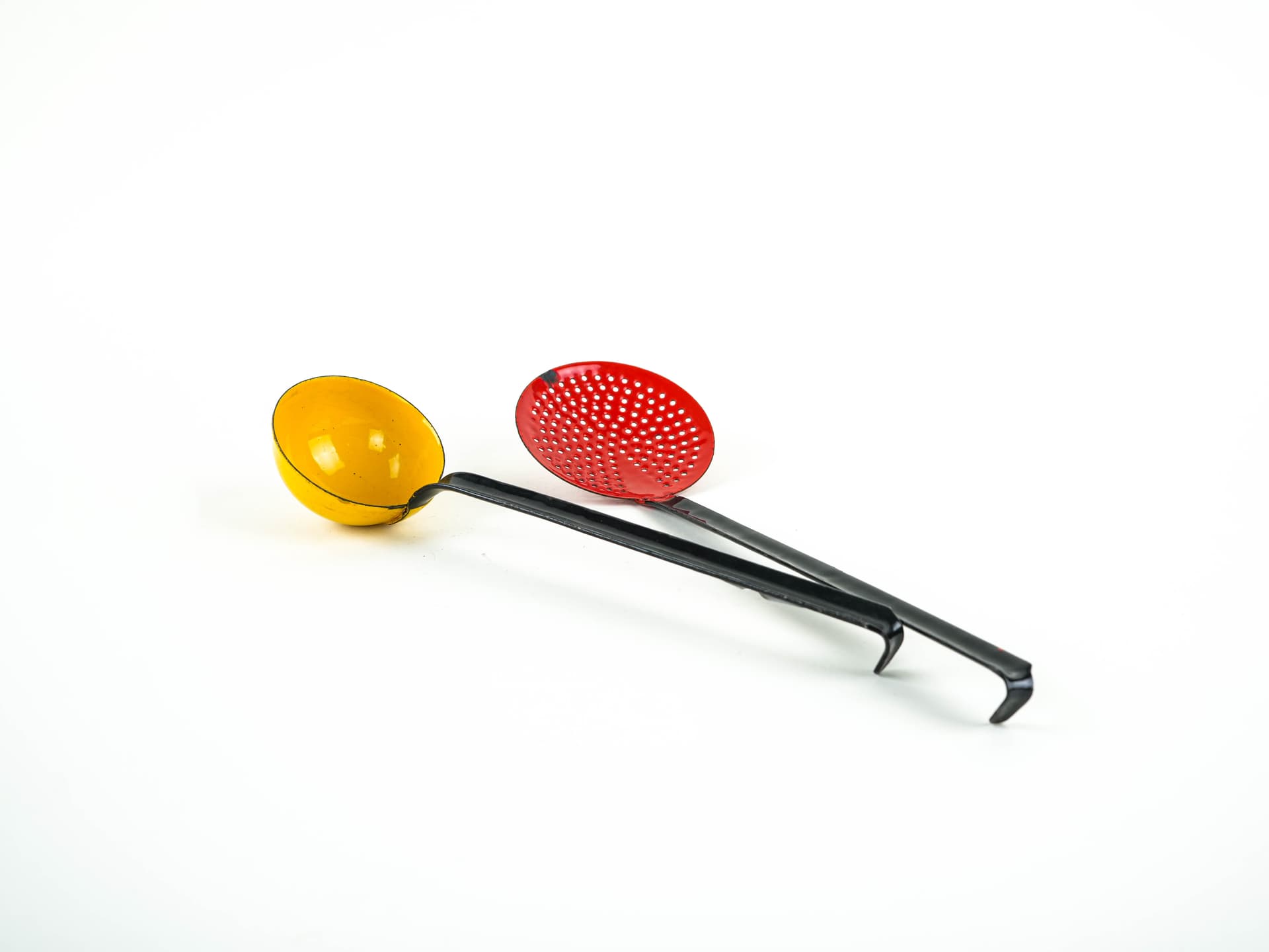 Set of kitchen utensils, red yellow enamel, black metal, Poland, 1970s. - 382240