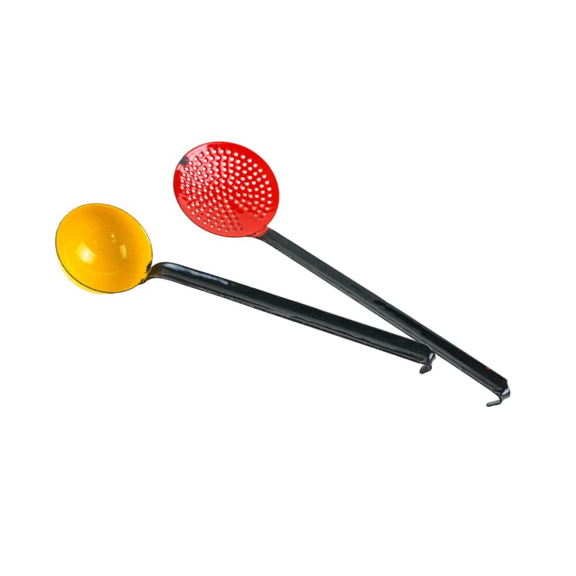 Set of kitchen utensils, red yellow enamel, black metal, Poland, 1970s.