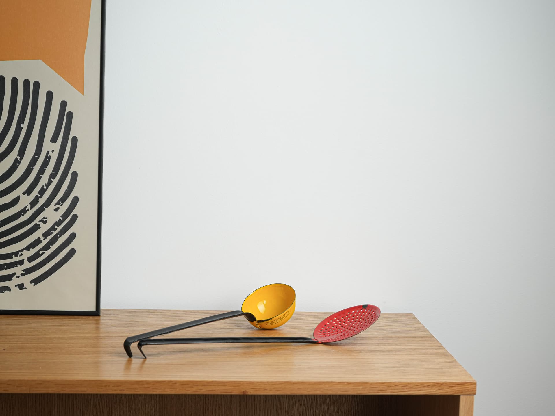 Set of kitchen utensils, red yellow enamel, black metal, Poland, 1970s. - 382248
