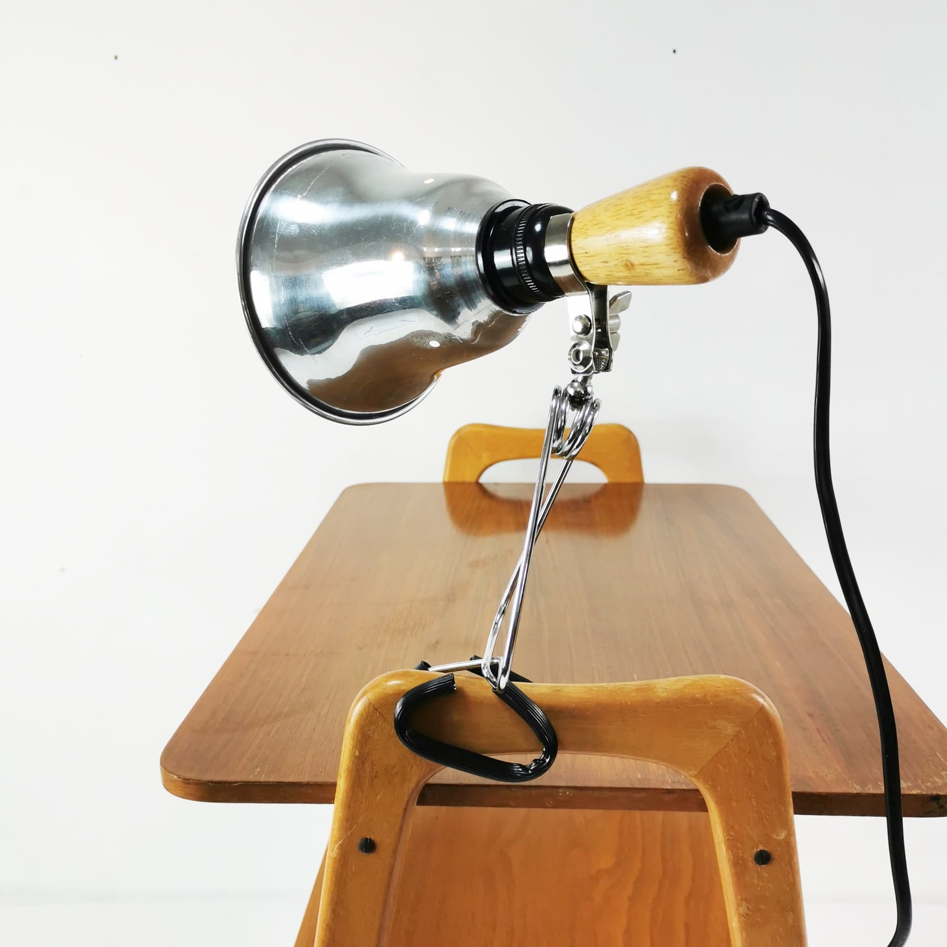 Lampa zaciskowa, srebrny, metal, drewno brązowy, proj. T. Björklund, Ikea, Szwecja, lata 90. - 382426