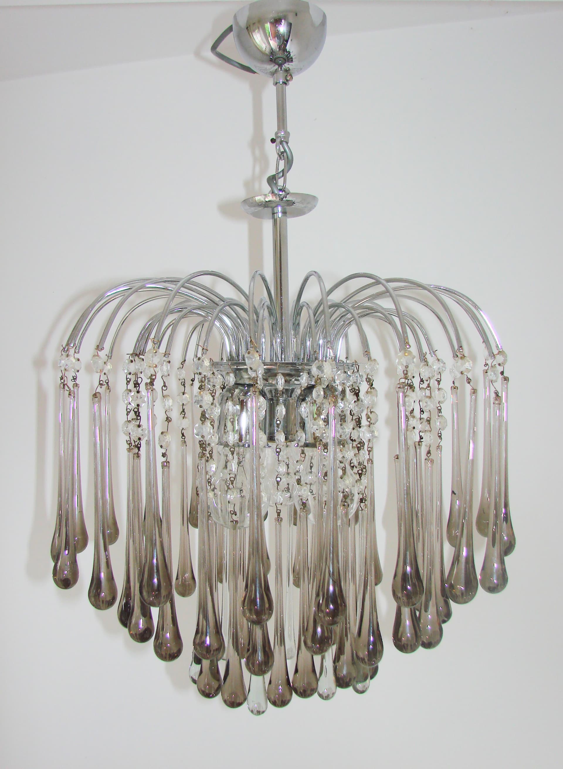 Żyrandol Murano, stal chromowana srebrny, szkło szary przezroczysty, proj. P. Venini, Włochy, lata 70. - 383043