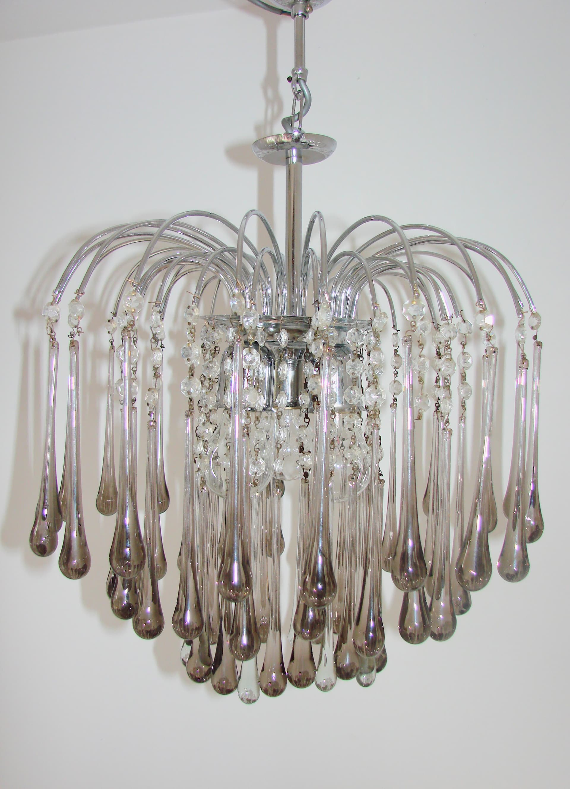 Żyrandol Murano, stal chromowana srebrny, szkło szary przezroczysty, proj. P. Venini, Włochy, lata 70. - 383052
