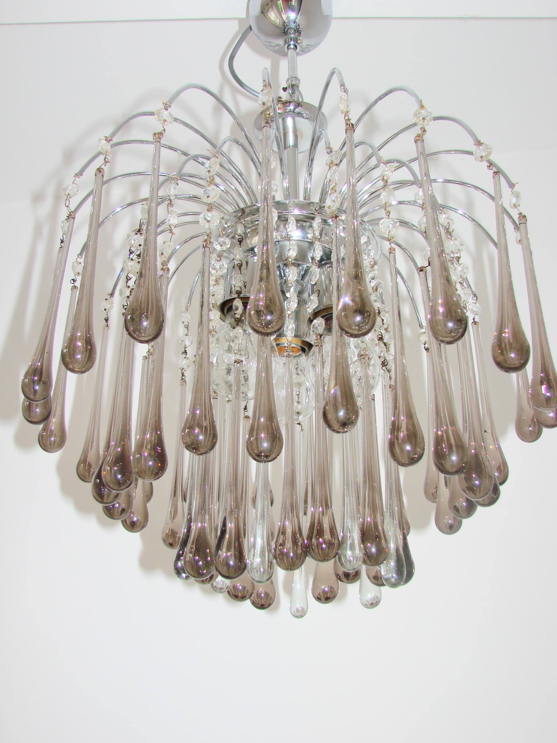 Żyrandol Murano, stal chromowana srebrny, szkło szary przezroczysty, proj. P. Venini, Włochy, lata 70. - 383044
