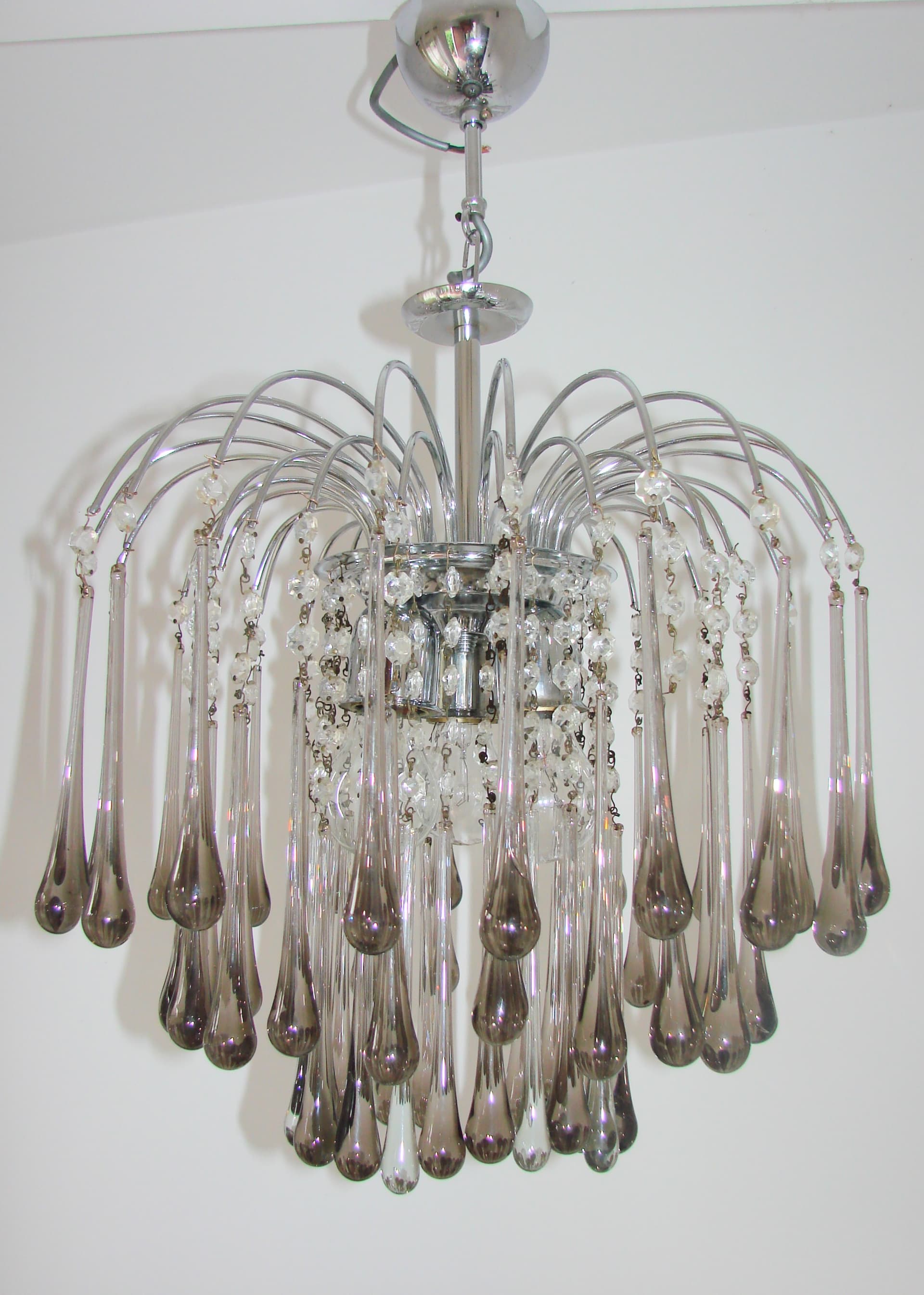 Żyrandol Murano, stal chromowana srebrny, szkło szary przezroczysty, proj. P. Venini, Włochy, lata 70. - 383049