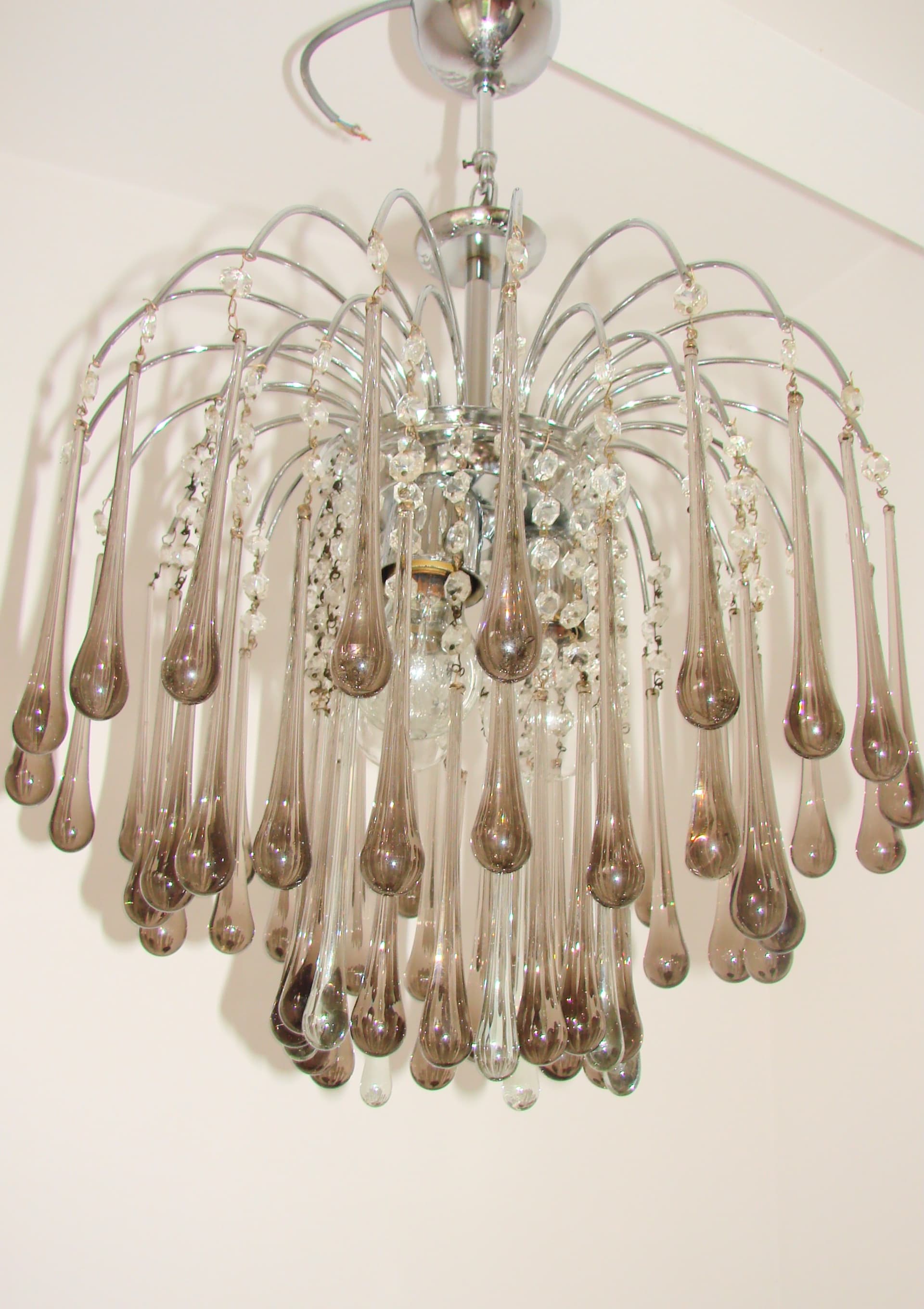 Żyrandol Murano, stal chromowana srebrny, szkło szary przezroczysty, proj. P. Venini, Włochy, lata 70. - 383048