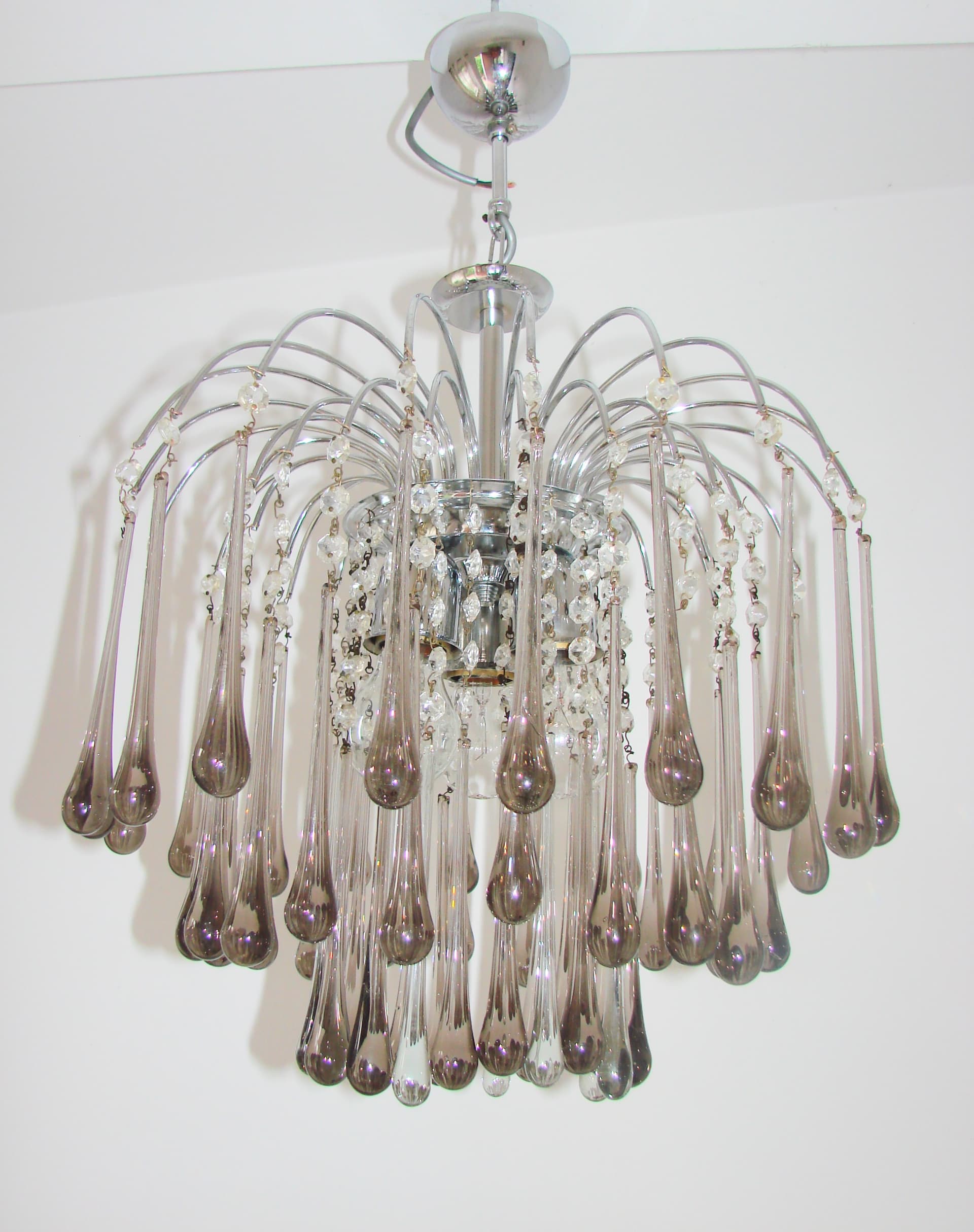Żyrandol Murano, stal chromowana srebrny, szkło szary przezroczysty, proj. P. Venini, Włochy, lata 70. - 383051