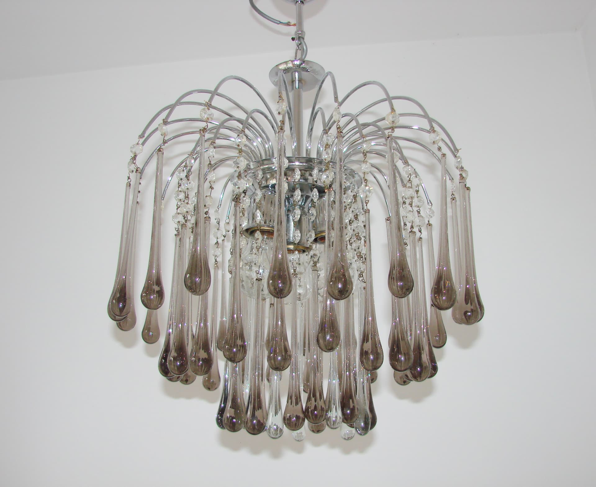 Żyrandol Murano, stal chromowana srebrny, szkło szary przezroczysty, proj. P. Venini, Włochy, lata 70. - 383046