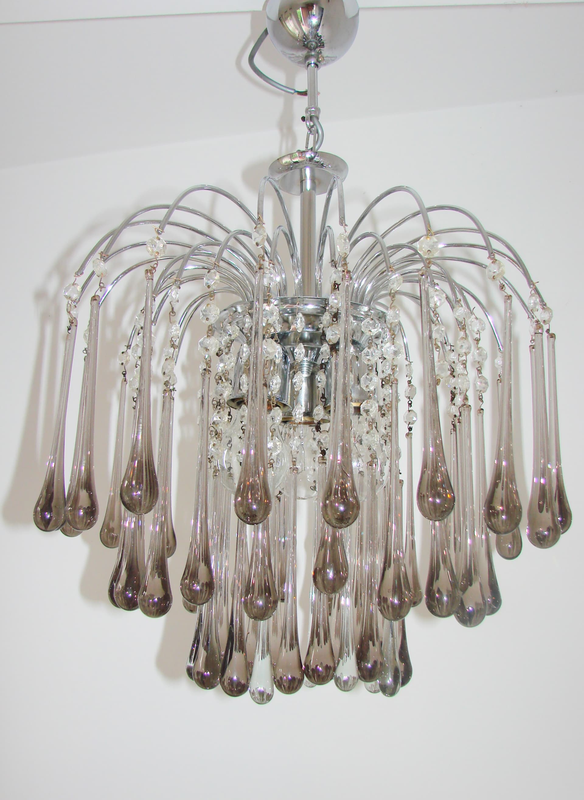 Żyrandol Murano, stal chromowana srebrny, szkło szary przezroczysty, proj. P. Venini, Włochy, lata 70. - 383053