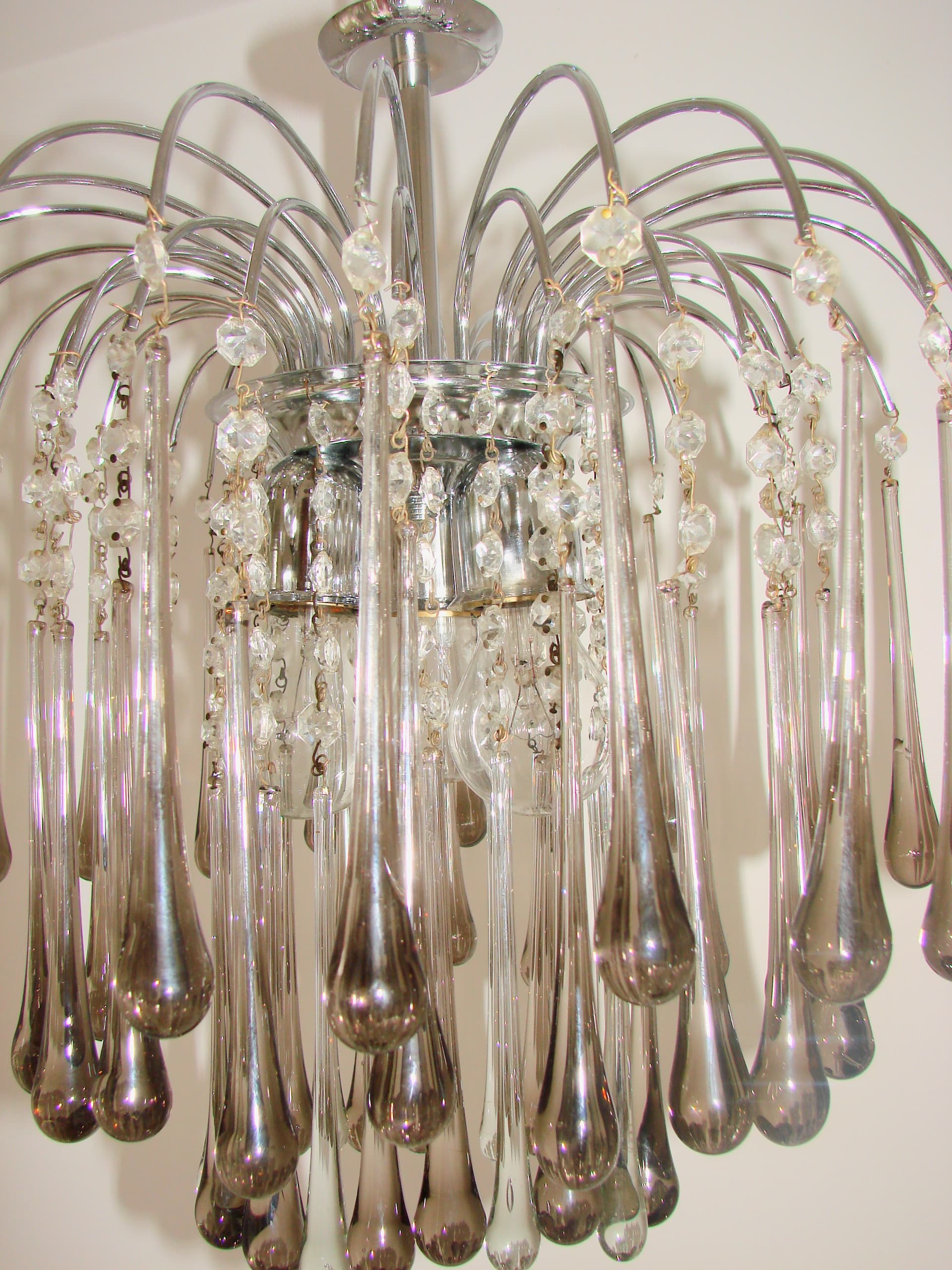 Żyrandol Murano, stal chromowana srebrny, szkło szary przezroczysty, proj. P. Venini, Włochy, lata 70. - 383050